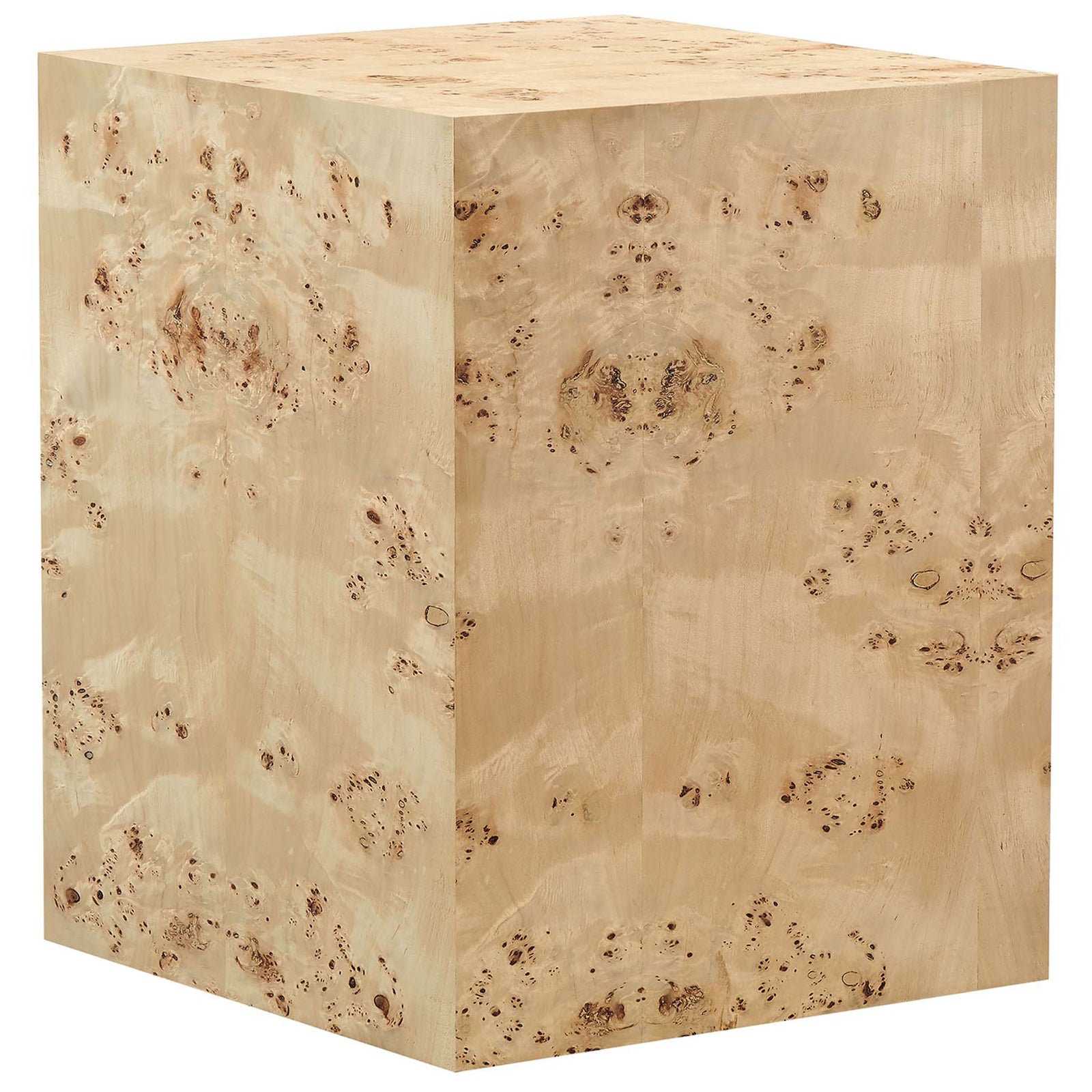 Cosmos burl wood side table showcasing clean block silhouette and continuous burl pattern wrapping the sides || EEI-6273-NAB || front_angle_studio