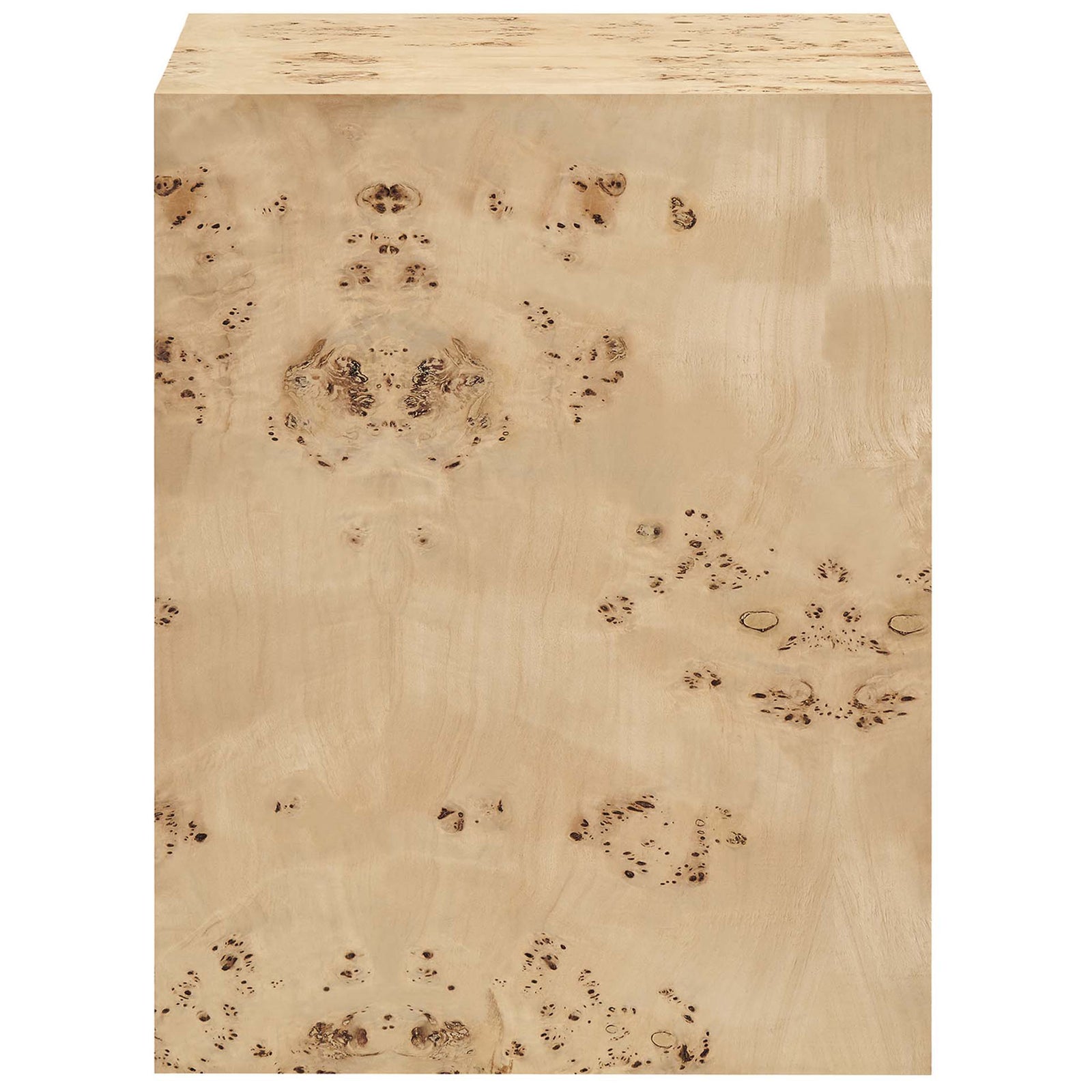 Cosmos burl wood side table with smooth square profile and striking natural mappa burl grain || EEI-6273-NAB || front_studio