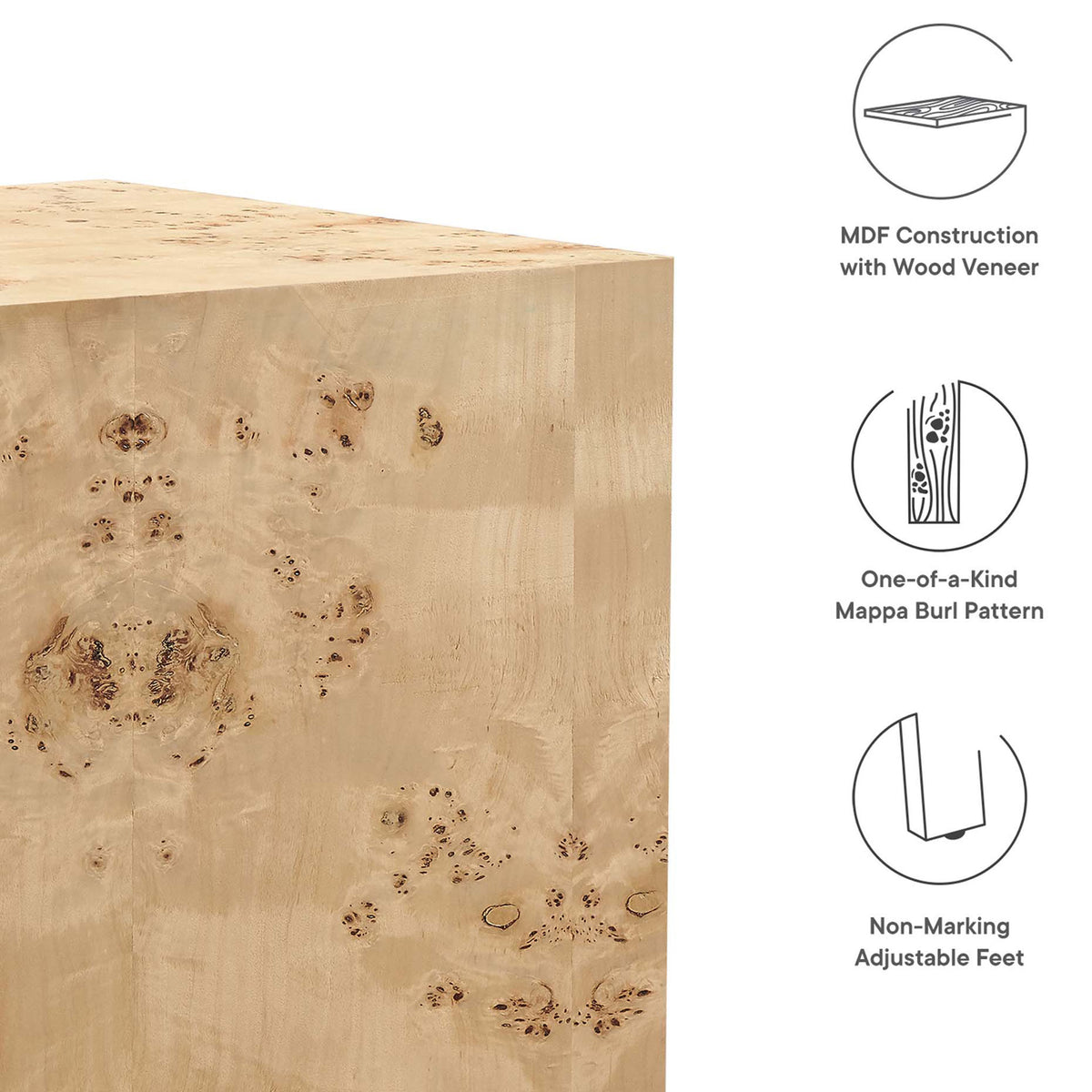 Cosmos burl wood side table with MDF veneer, mappa burl pattern, and non-marking adjustable feet || EEI-6273-NAB || callout_studio