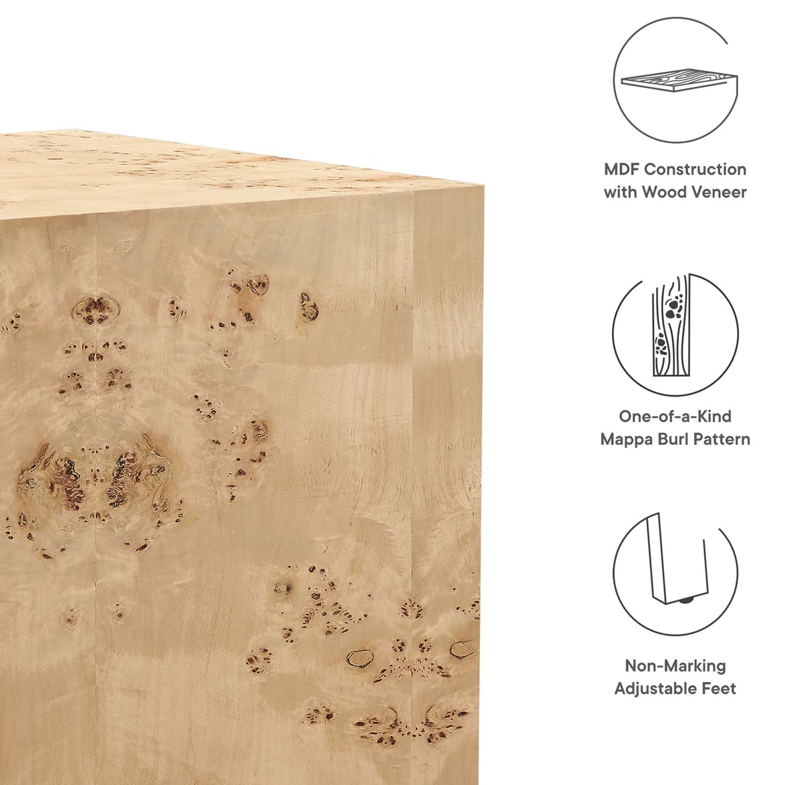 Cosmos burl wood side table with MDF veneer, mappa burl pattern, and non-marking adjustable feet || EEI-6273-NAB || callout_studio