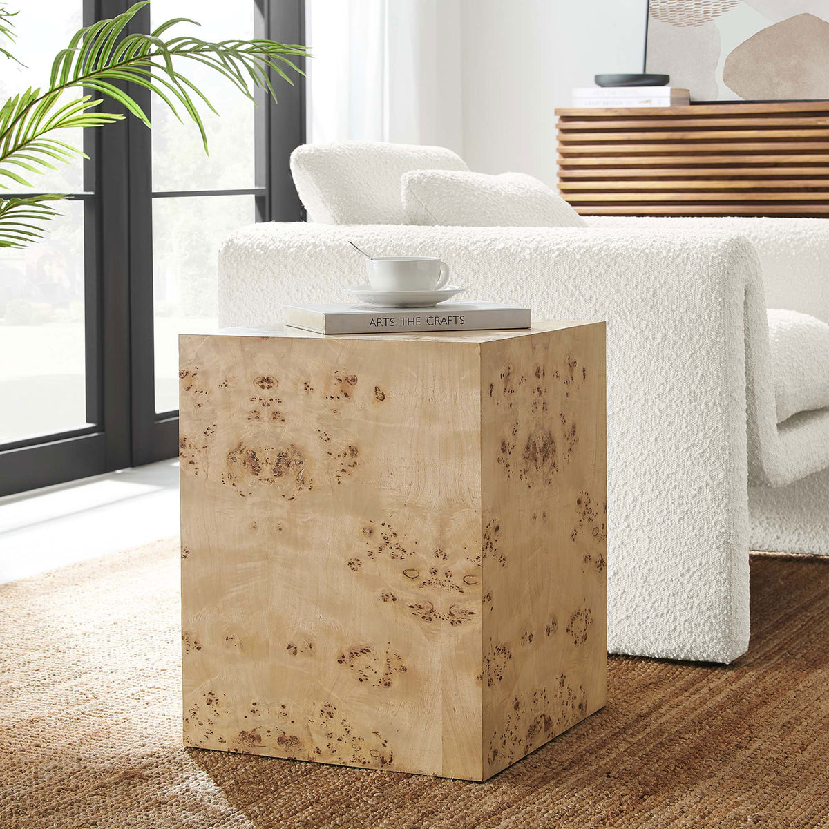 Cosmos burl wood side table bringing warm organic texture and sculptural simplicity to a modern neutral living room || EEI-6273-NAB || front_angle_room