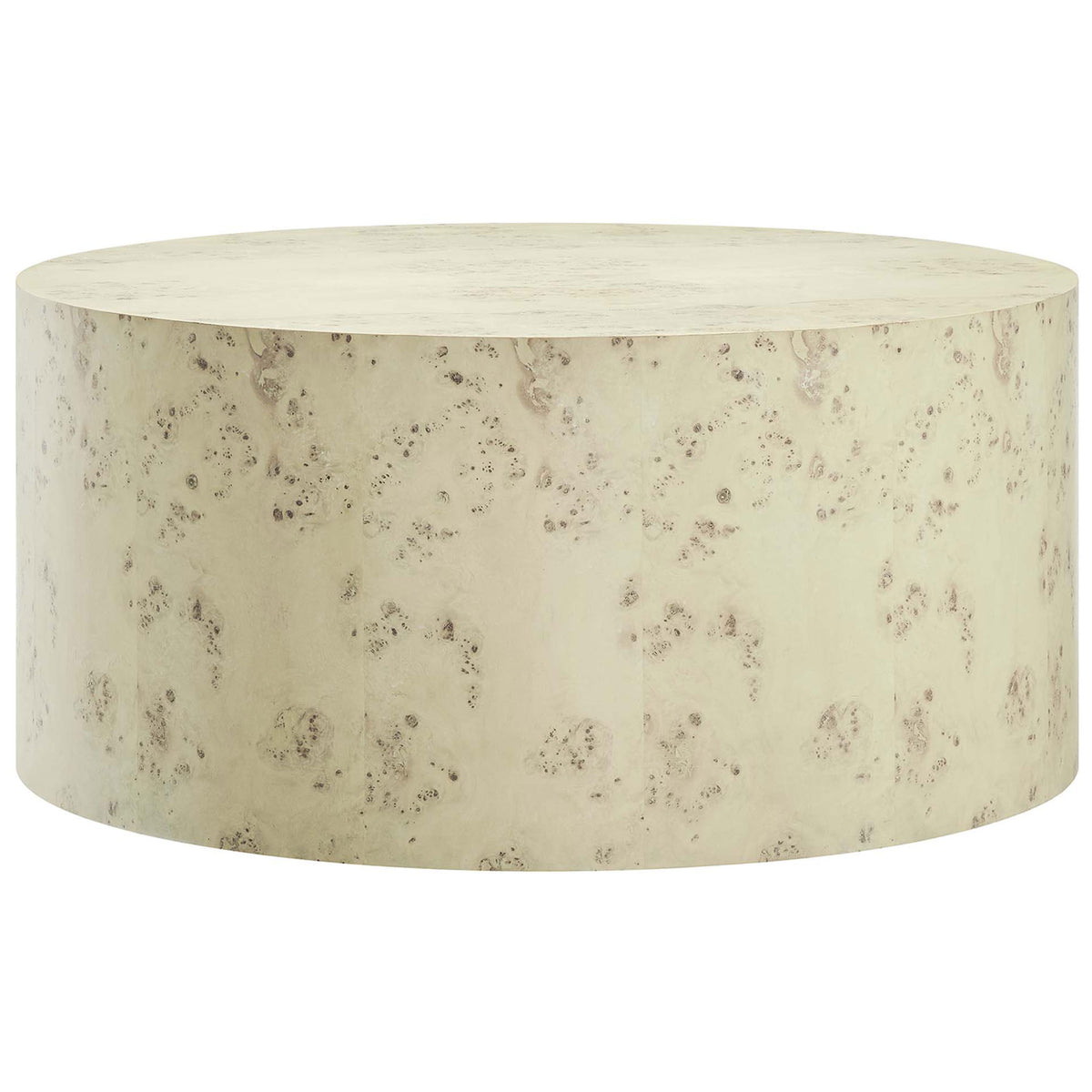 Sculptural drum coffee table in bleached burl veneer brings organic warmth and modern poise || EEI-6274-BLB || front_studio