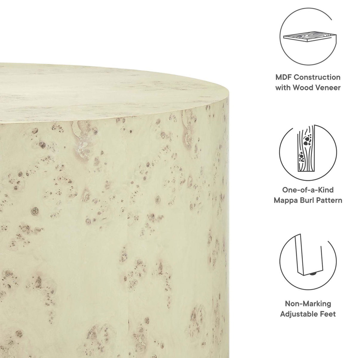 Thoughtful design includes durable MDF with veneer, unique burl patterning, and non-marking adjustable feet || EEI-6274-BLB || callout_studio