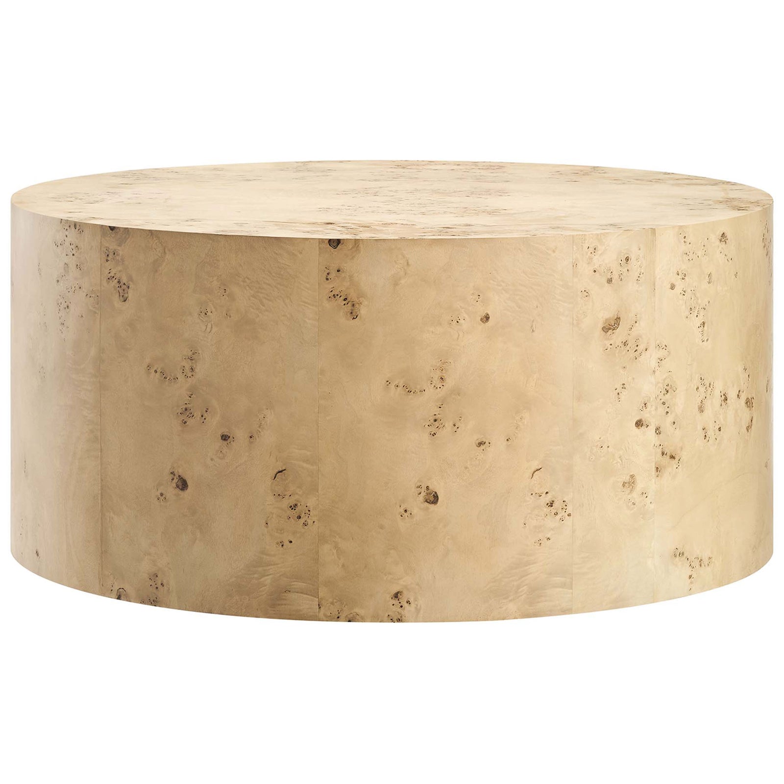 Sleek round coffee table in natural burl veneer with a smooth, seamless drum silhouette. || EEI-6274-NAB || front_studio