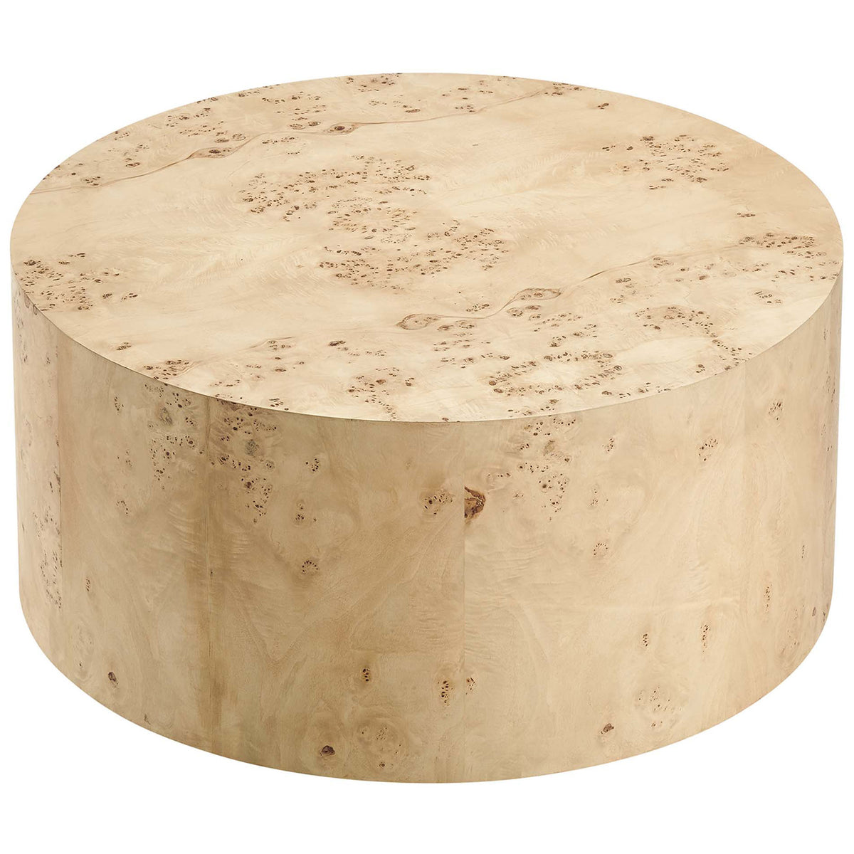 Warm mappa burl pattern adds organic character to this modern 35 in. round coffee table. || EEI-6274-NAB || top_angle_studio