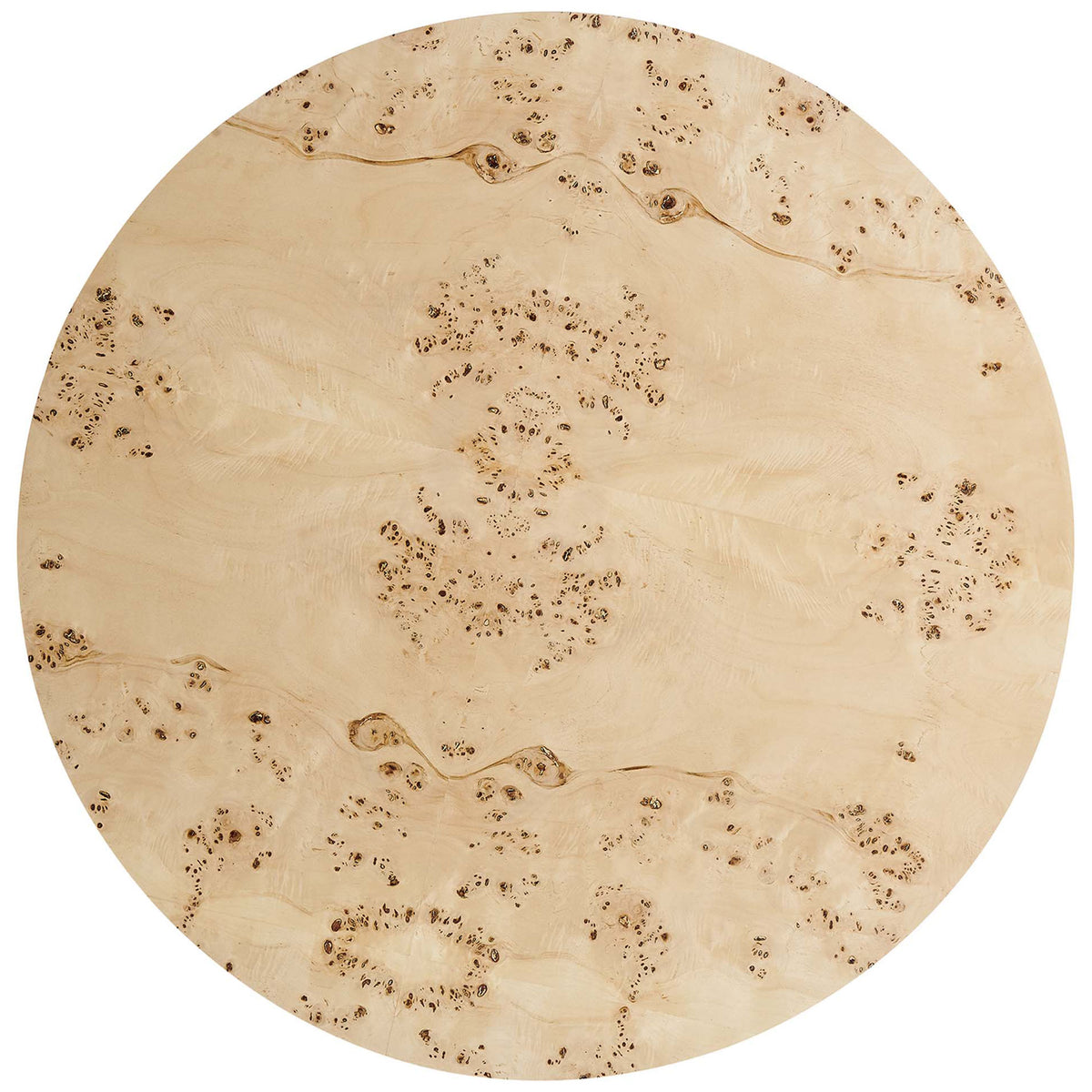 Unique burl wood grain clusters and flowing figure span the round tabletop. || EEI-6274-NAB || top_studio
