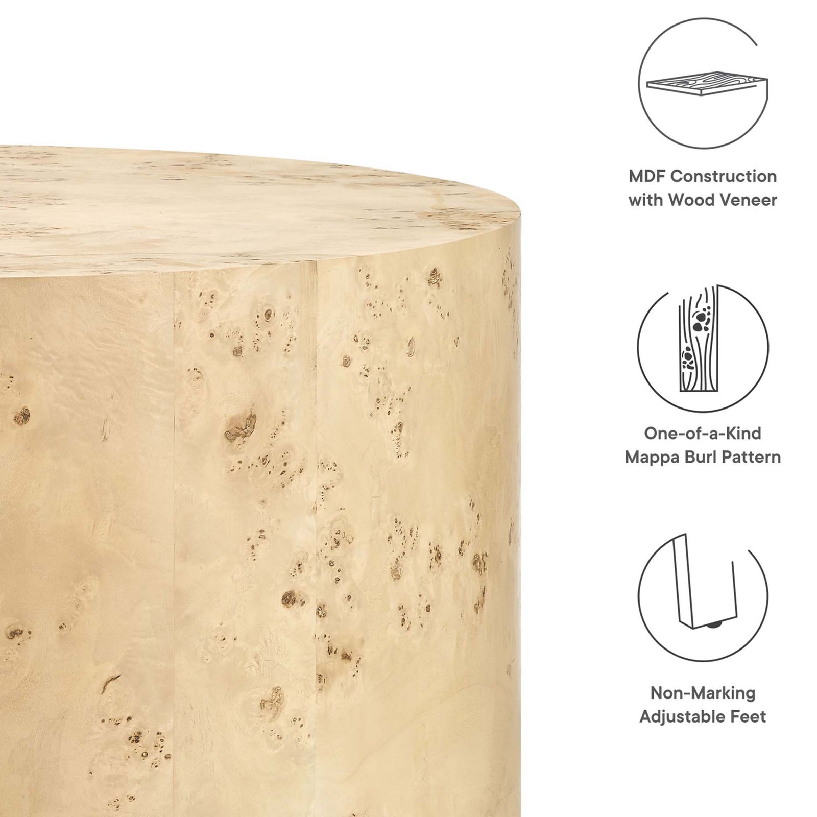 Durable MDF construction with real mappa burl veneer and protective non-marking adjustable feet. || EEI-6274-NAB || callout_studio