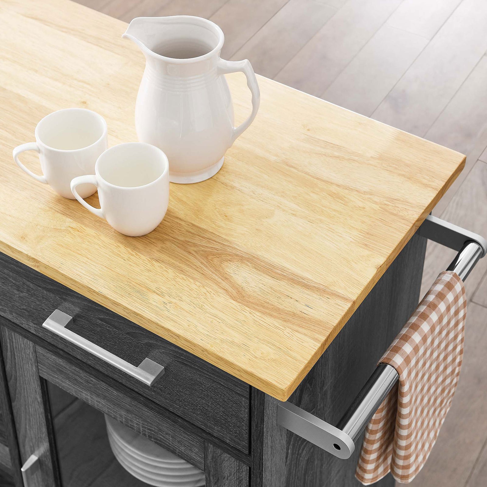 Styled tabletop scene on kitchen cart with natural wood top, white serveware, and checked towel. || EEI-6275-CHA-NAT || detail_room