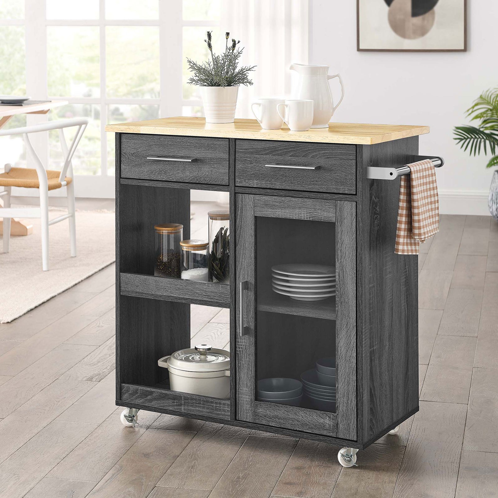 Charcoal kitchen cart on casters styled as a coffee station with open shelving and glass-door storage. || EEI-6275-CHA-NAT || front_angle_room