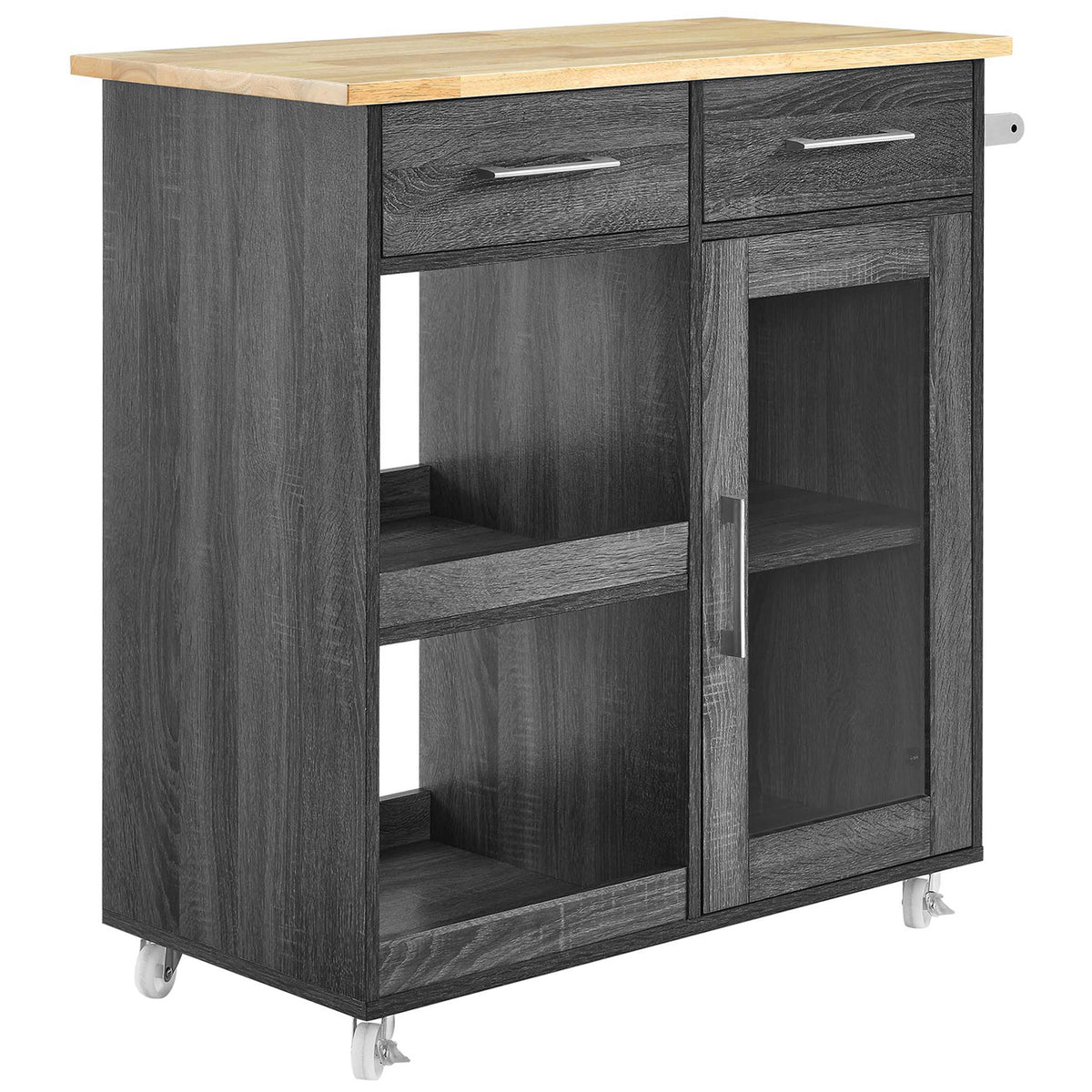 Mobile charcoal kitchen cart with locking casters, metal towel bar, and natural wood prep surface. || EEI-6275-CHA-NAT || front_angle_studio