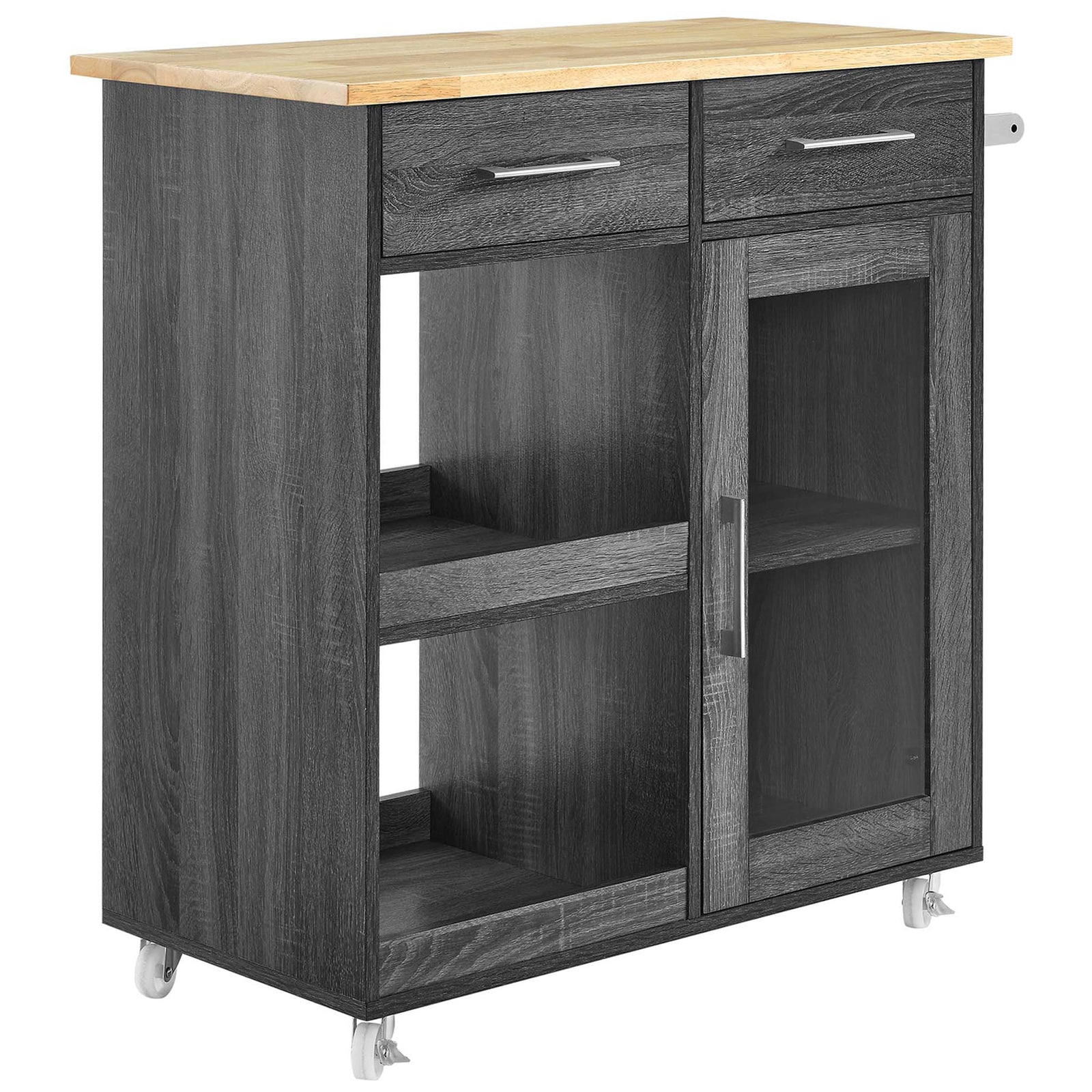 Mobile charcoal kitchen cart with locking casters, metal towel bar, and natural wood prep surface. || EEI-6275-CHA-NAT || front_angle_studio