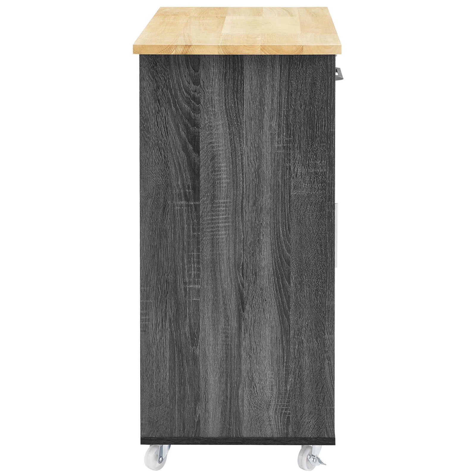 Charcoal kitchen cart with slim profile, open side shelving, towel bar, and light wood top. || EEI-6275-CHA-NAT || side_studio
