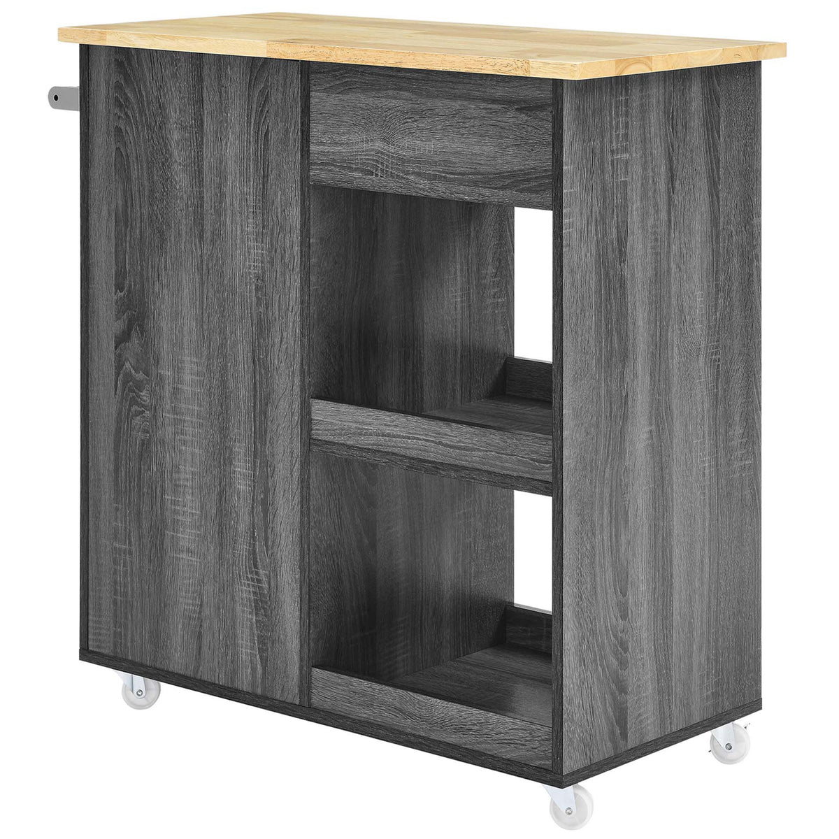 Charcoal kitchen cart with deep rear open shelves and smooth dark wood-grain panel finish. || EEI-6275-CHA-NAT || back_angle_studio