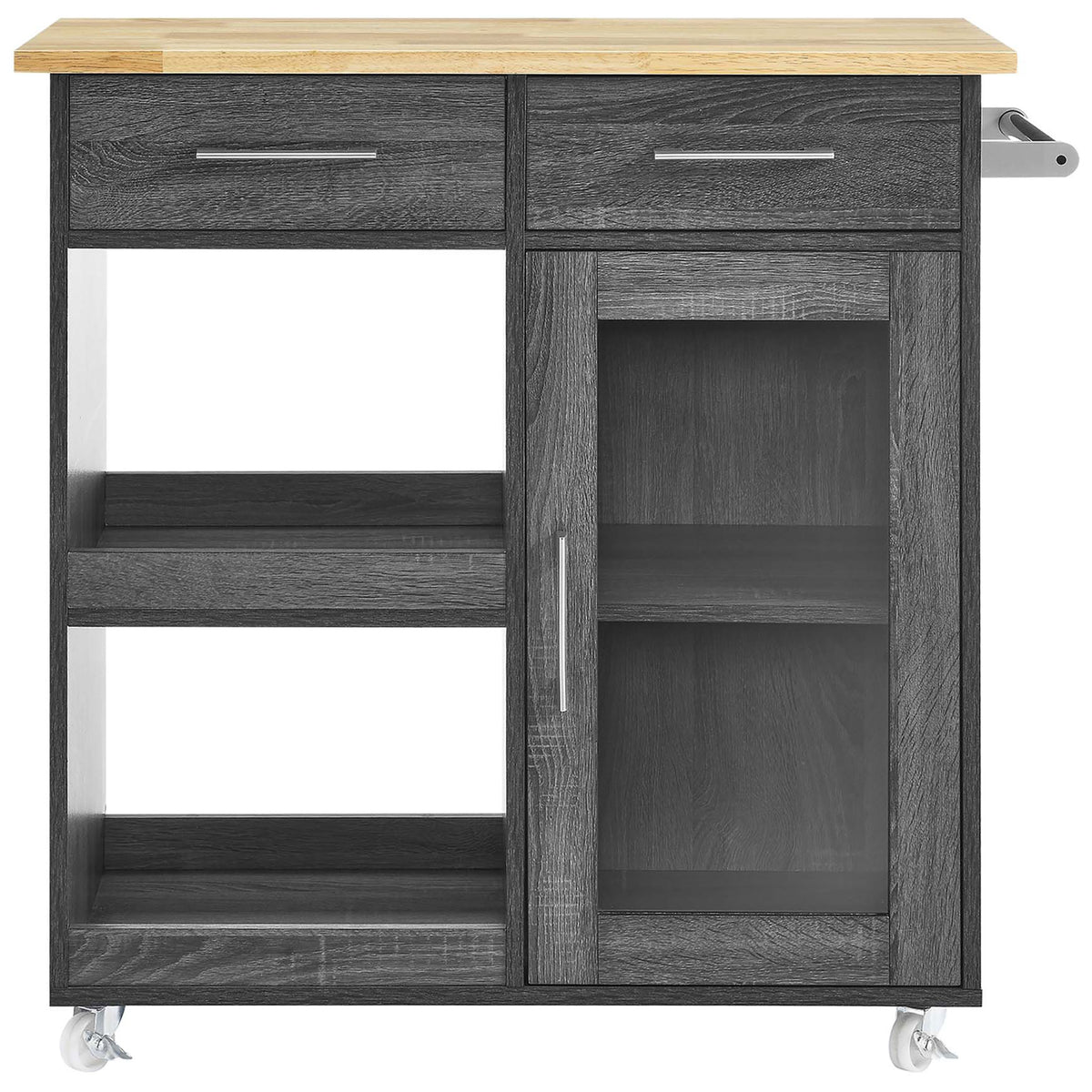 Sleek charcoal kitchen cart with natural wood top, twin drawers, open shelves, and a glass-front cabinet. || EEI-6275-CHA-NAT || front_studio