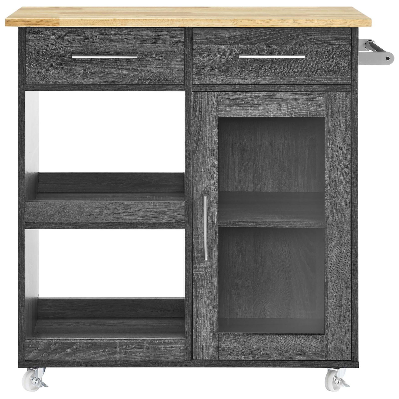 Sleek charcoal kitchen cart with natural wood top, twin drawers, open shelves, and a glass-front cabinet. || EEI-6275-CHA-NAT || front_studio