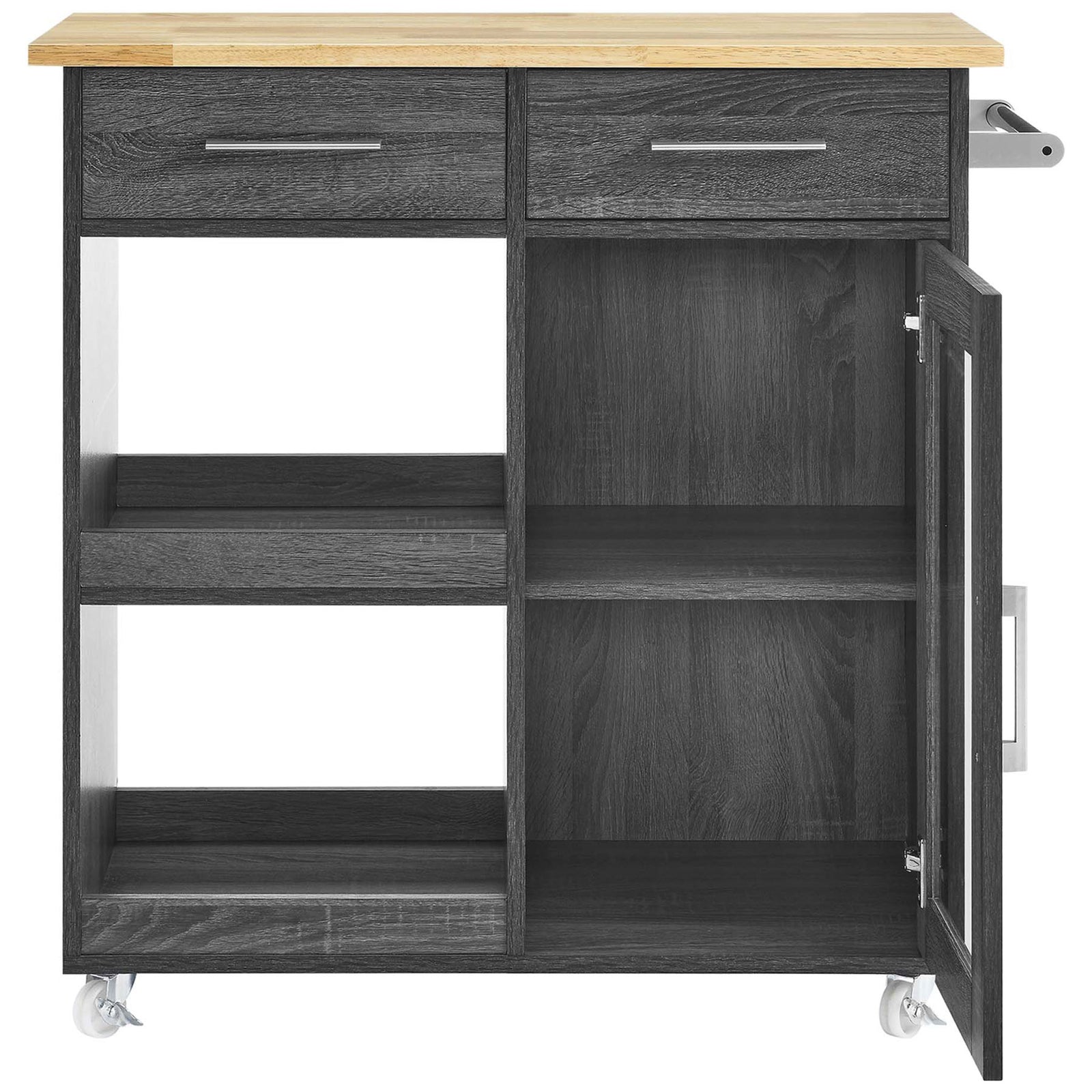 Charcoal kitchen cart showing spacious open cabinet and shelves beneath a sturdy natural wood top. || EEI-6275-CHA-NAT || front_open_studio
