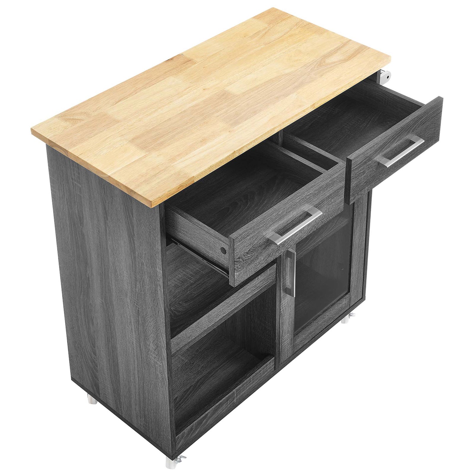 Natural wood kitchen cart top with full-extension drawers pulled open to reveal generous storage. || EEI-6275-CHA-NAT || front_angle_open_studio