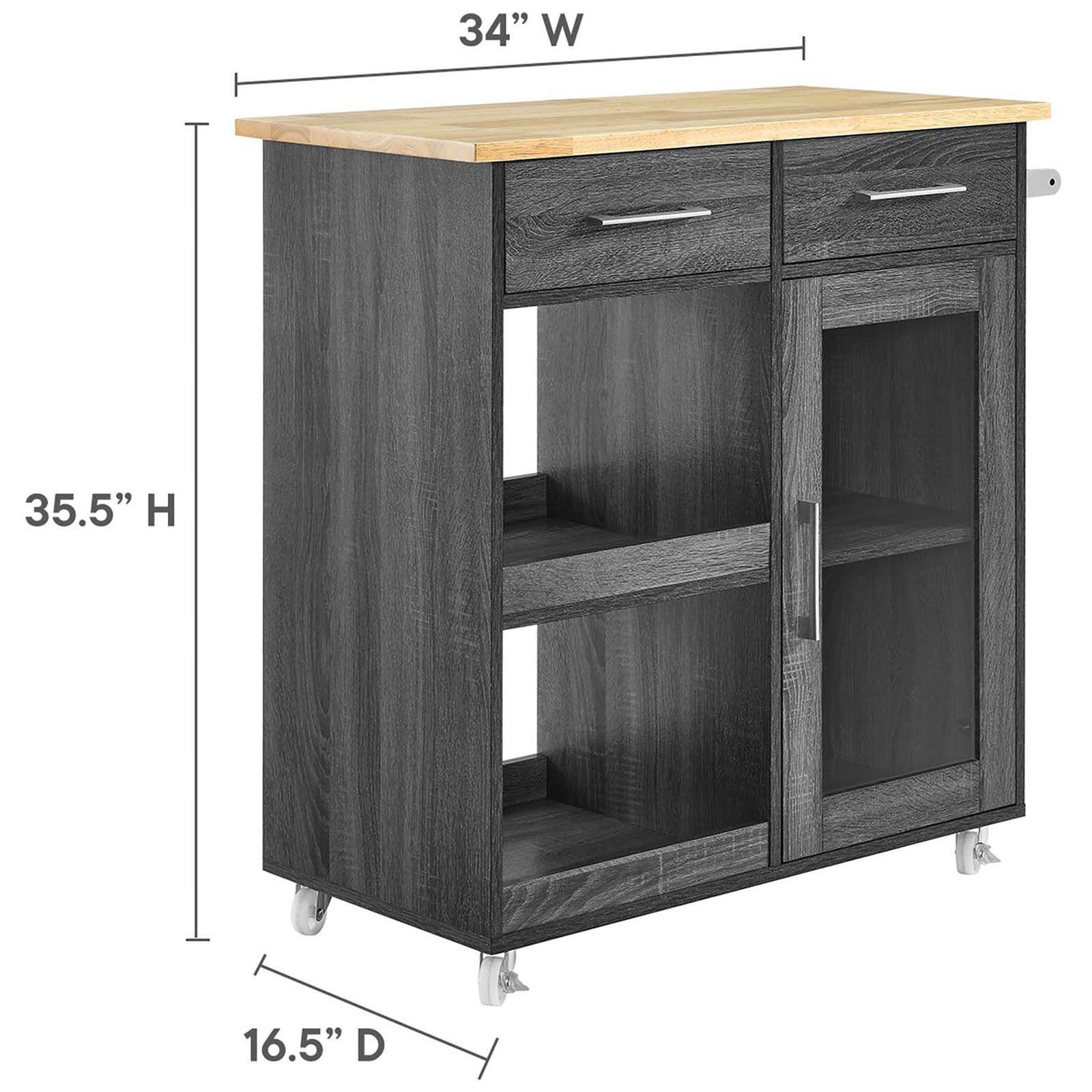 Kitchen cart with overlaid dimensions displaying height, width, and depth for accurate fit planning. || EEI-6275-CHA-NAT || dimension_studio