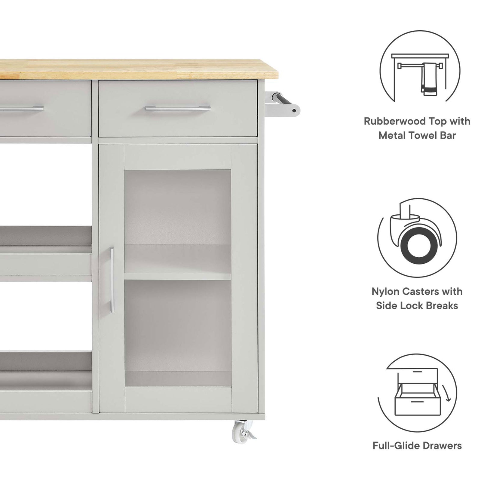 Rubberwood top, locking casters, and full-glide drawers deliver versatile everyday function || EEI-6275-LGR-NAT || callout_studio