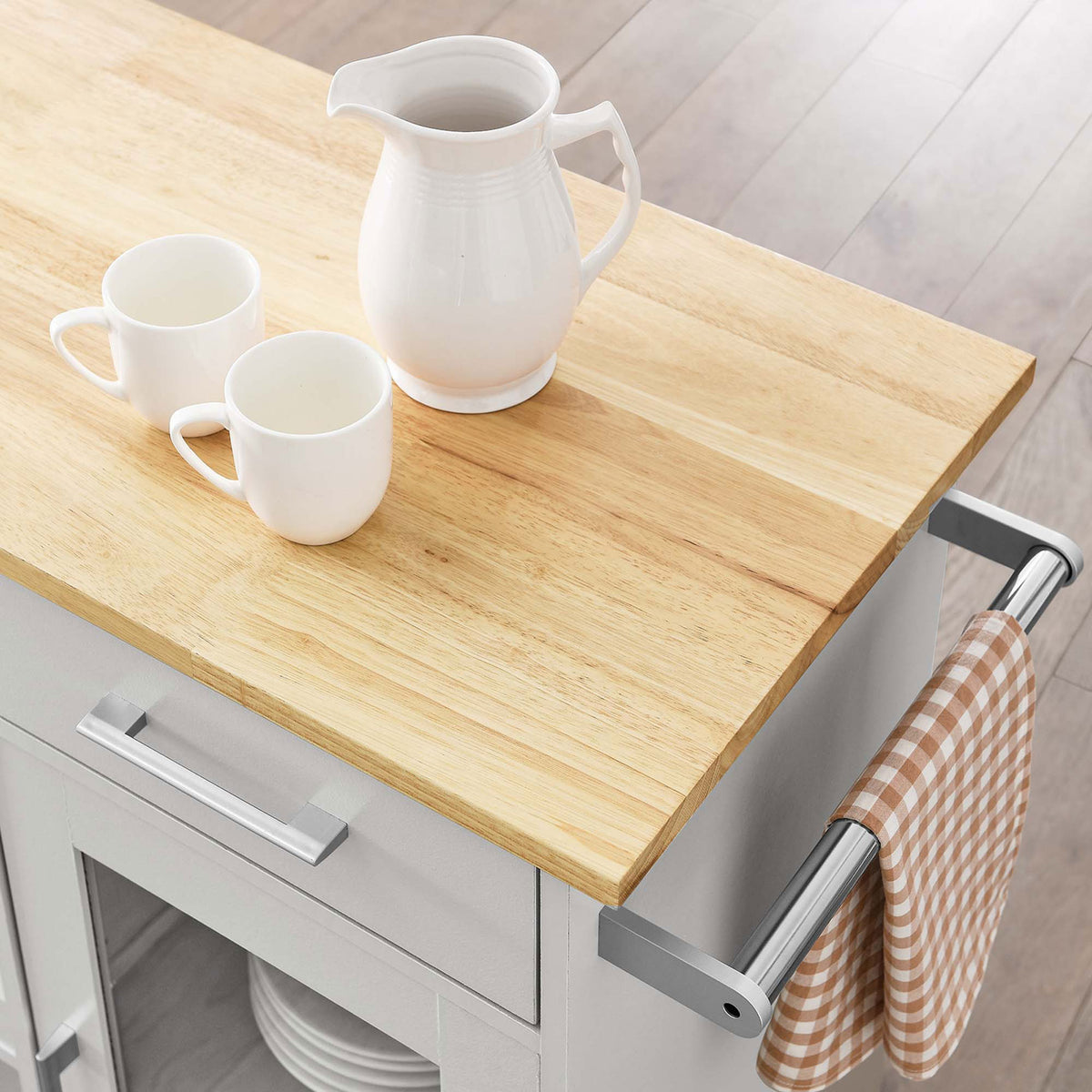 Inviting wood countertop styled with mugs and towel-ready bar for a cozy beverage station || EEI-6275-LGR-NAT || detail_room