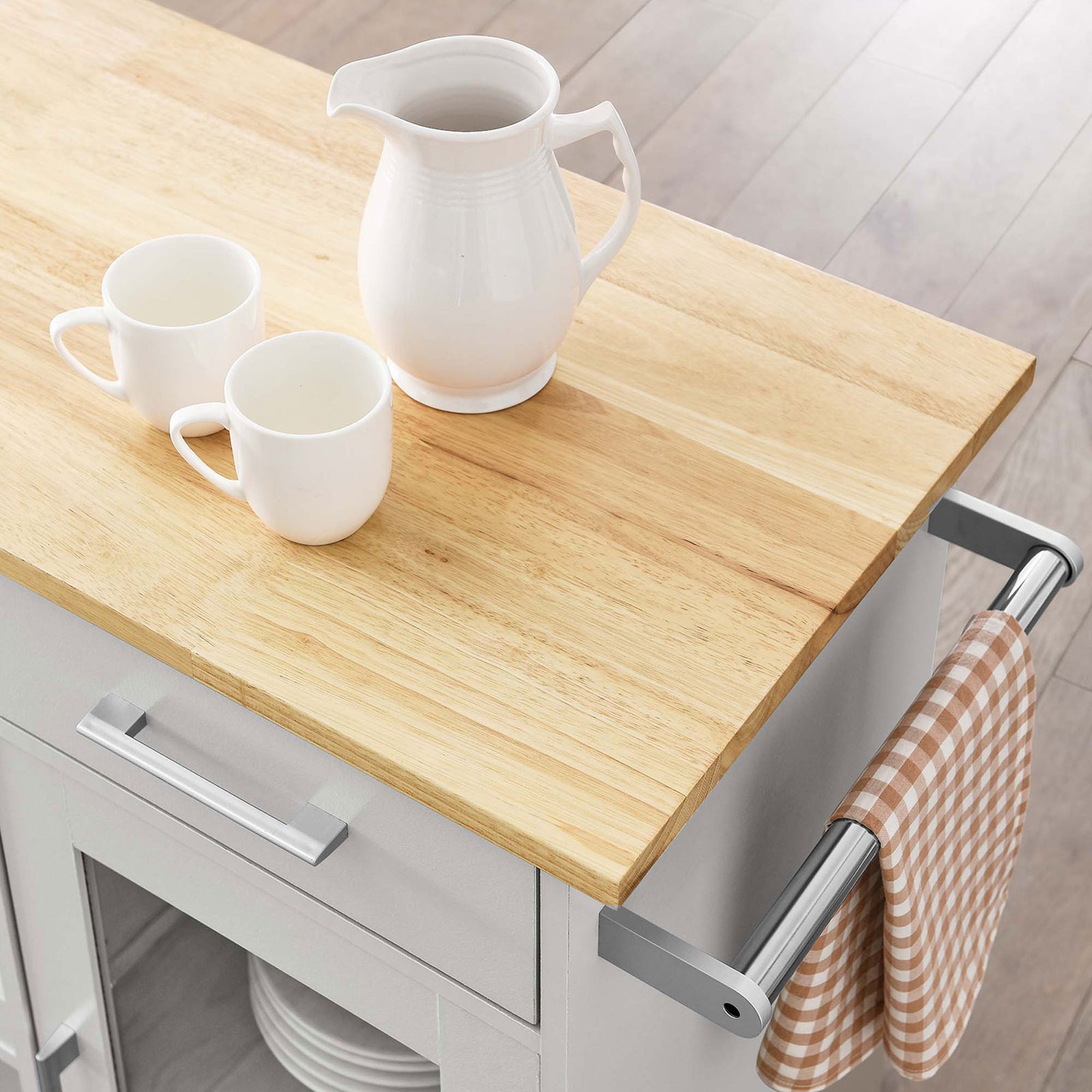 Inviting wood countertop styled with mugs and towel-ready bar for a cozy beverage station || EEI-6275-LGR-NAT || detail_room