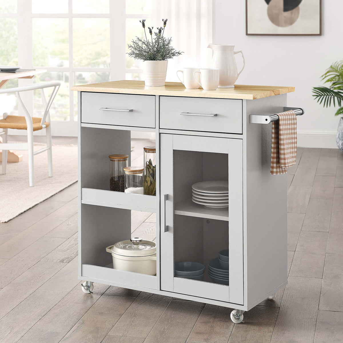Light gray kitchen cart brings mobile storage and serving space to a bright modern dining area || EEI-6275-LGR-NAT || front_angle_room