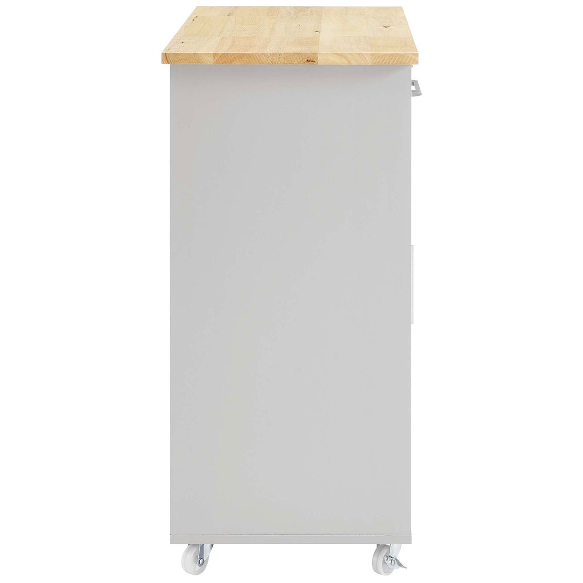 Space-saving kitchen cart profile with natural wood top and sturdy rolling casters || EEI-6275-LGR-NAT || side_studio