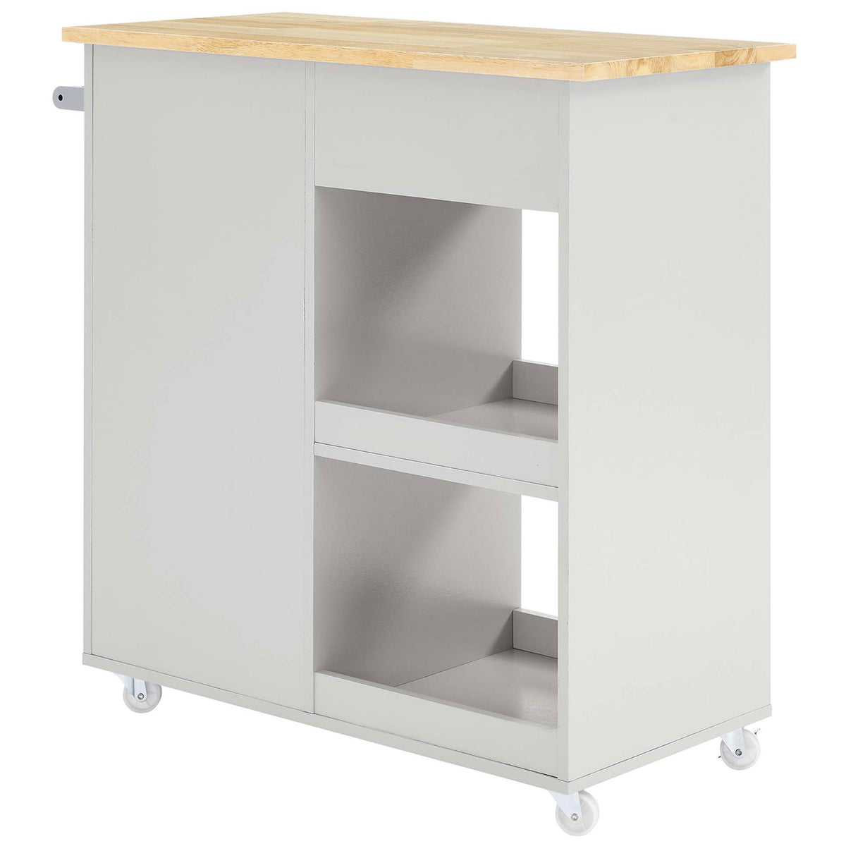 Light gray cart back with dual open shelves and smooth paneling for a clean modern look || EEI-6275-LGR-NAT || back_angle_studio