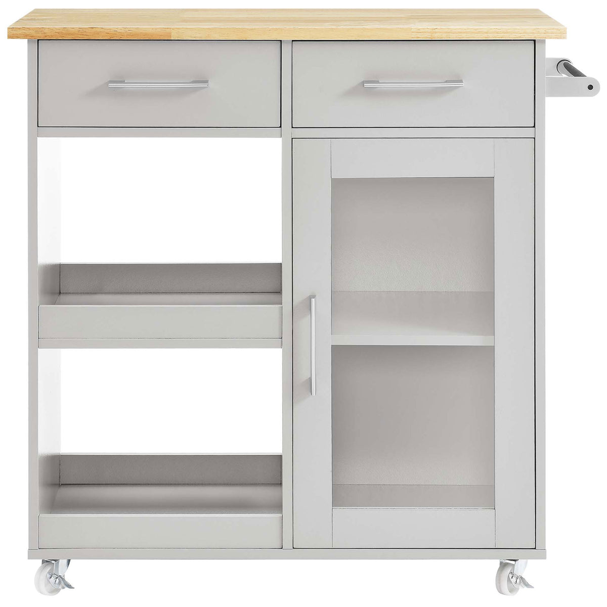 Kitchen cart with twin drawers, open shelves, and a glass-front cabinet for organized storage || EEI-6275-LGR-NAT || front_studio