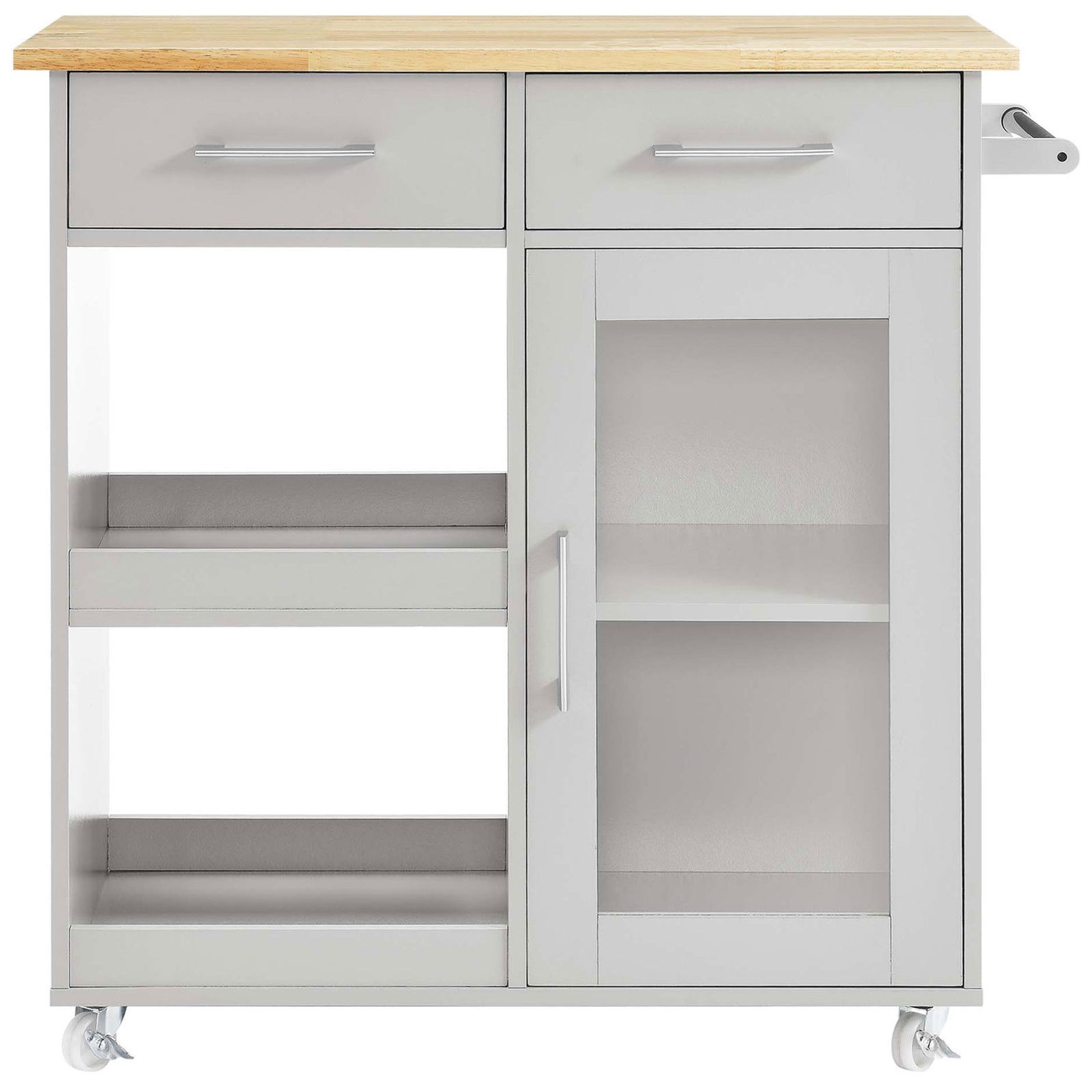 Kitchen cart with twin drawers, open shelves, and a glass-front cabinet for organized storage || EEI-6275-LGR-NAT || front_studio