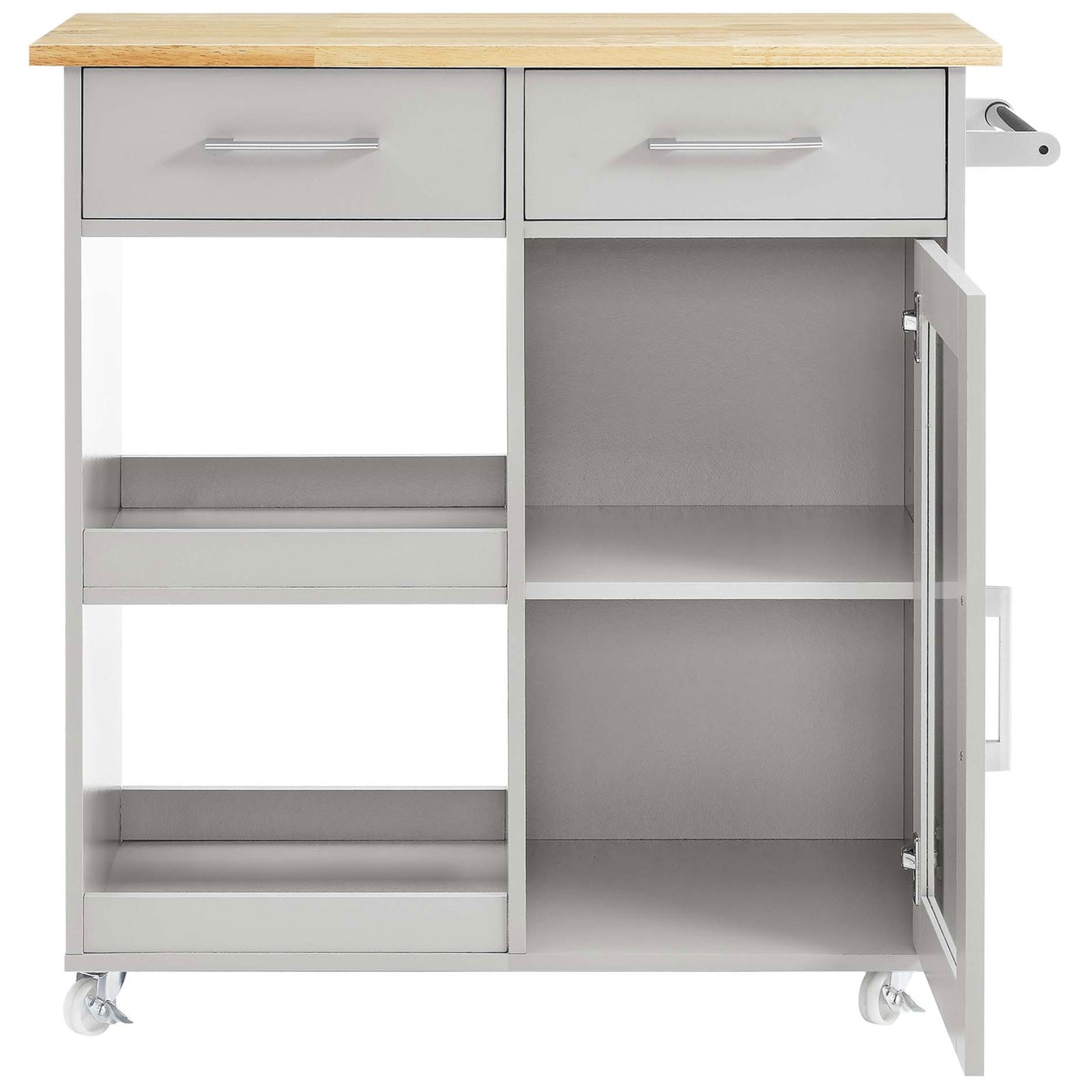 Kitchen cart with glass door open to reveal a spacious two-tier cabinet for cookware || EEI-6275-LGR-NAT || front_open_studio