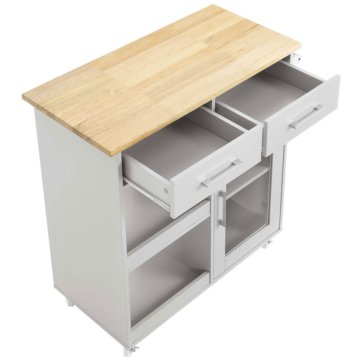 Natural wood top cart with both full-glide drawers extended for easy-access kitchen storage || EEI-6275-LGR-NAT || front_angle_open_studio