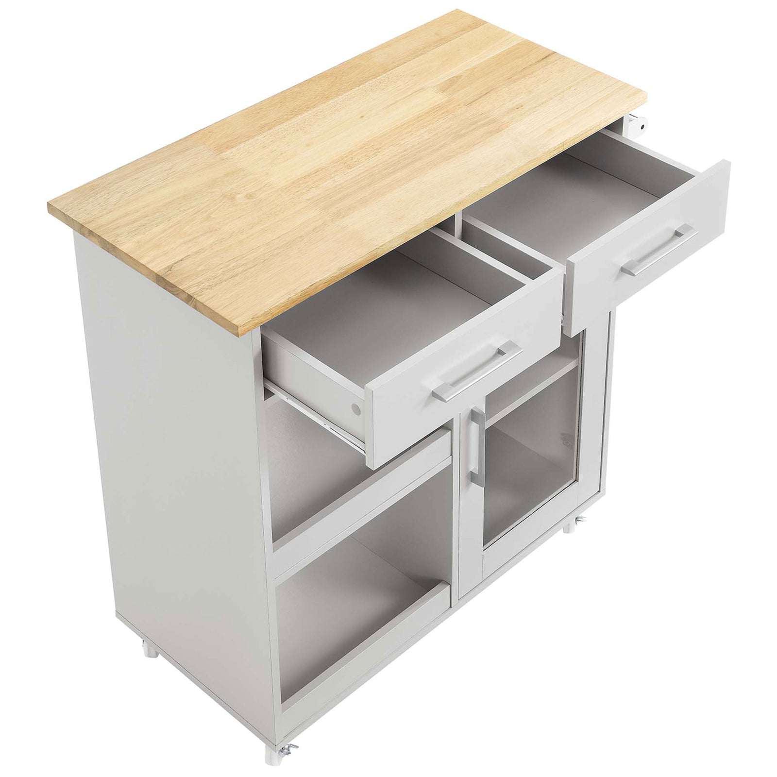 Natural wood top cart with both full-glide drawers extended for easy-access kitchen storage || EEI-6275-LGR-NAT || front_angle_open_studio