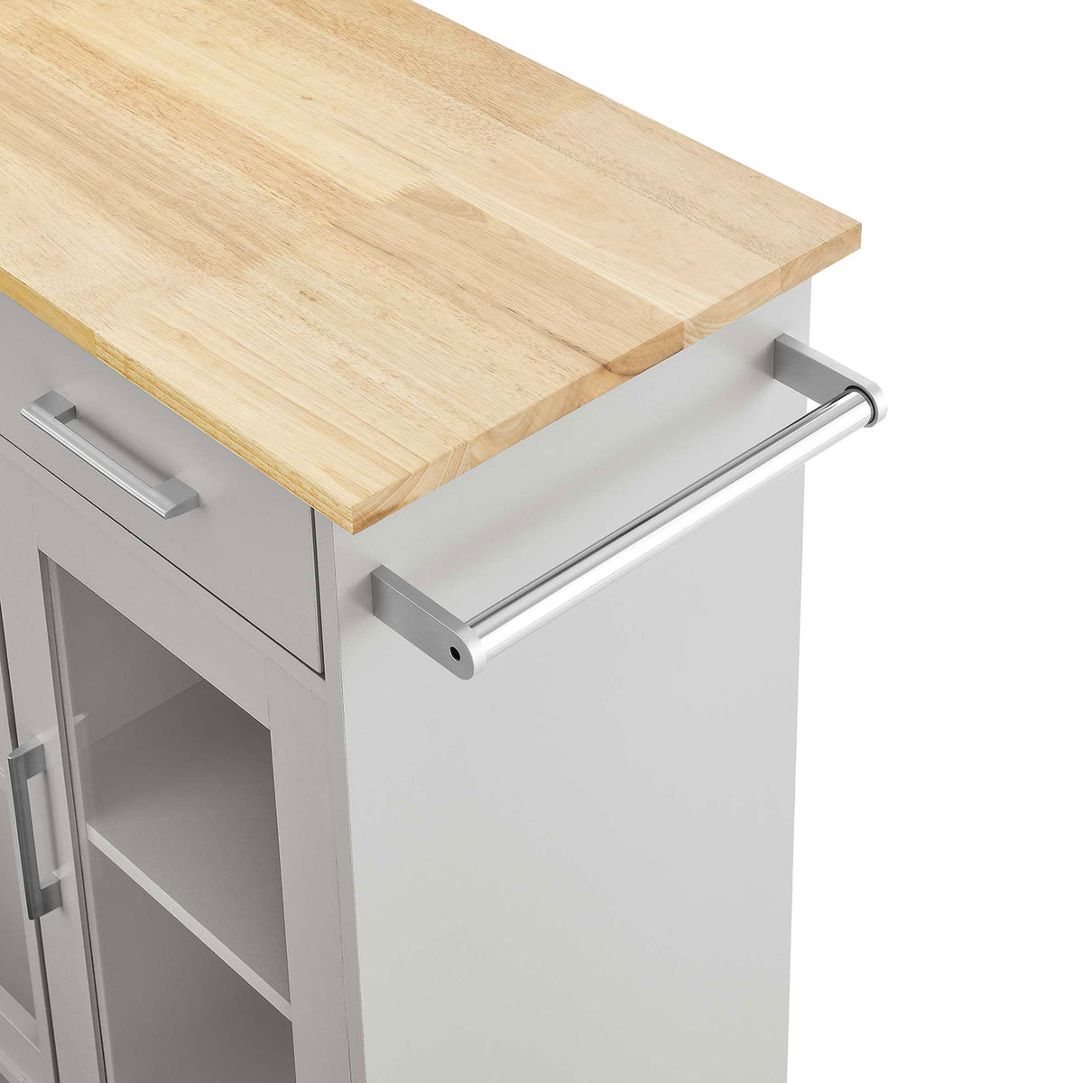 Metal side towel bar adds convenient hanging space beside the natural wood countertop || EEI-6275-LGR-NAT || detail_studio