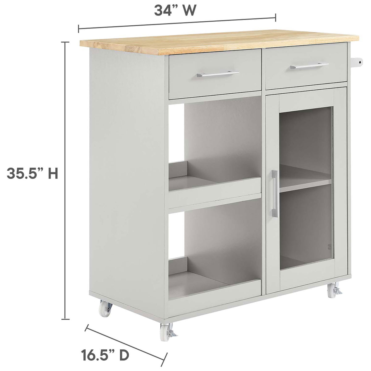Culinary kitchen cart sized at 34 inches wide, 16.5 inches deep, and 35.5 inches high || EEI-6275-LGR-NAT || dimension_studio