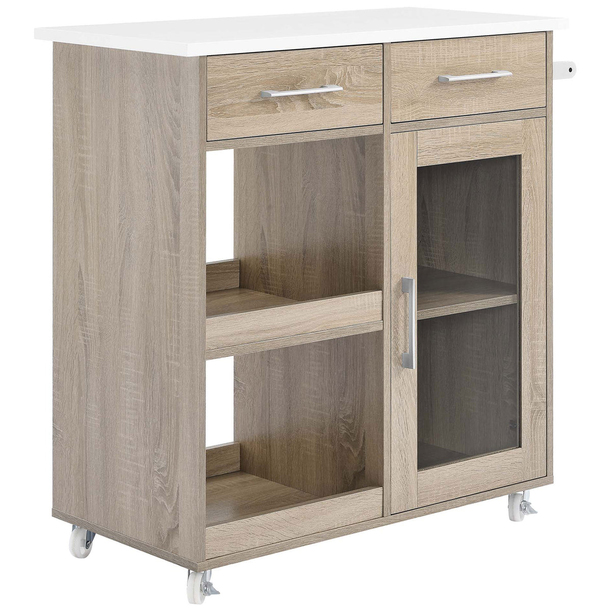 Oak and white kitchen cart with drawers, open shelves, and glass-front cabinet on locking casters || EEI-6275-OAK-WHI || front_angle_studio