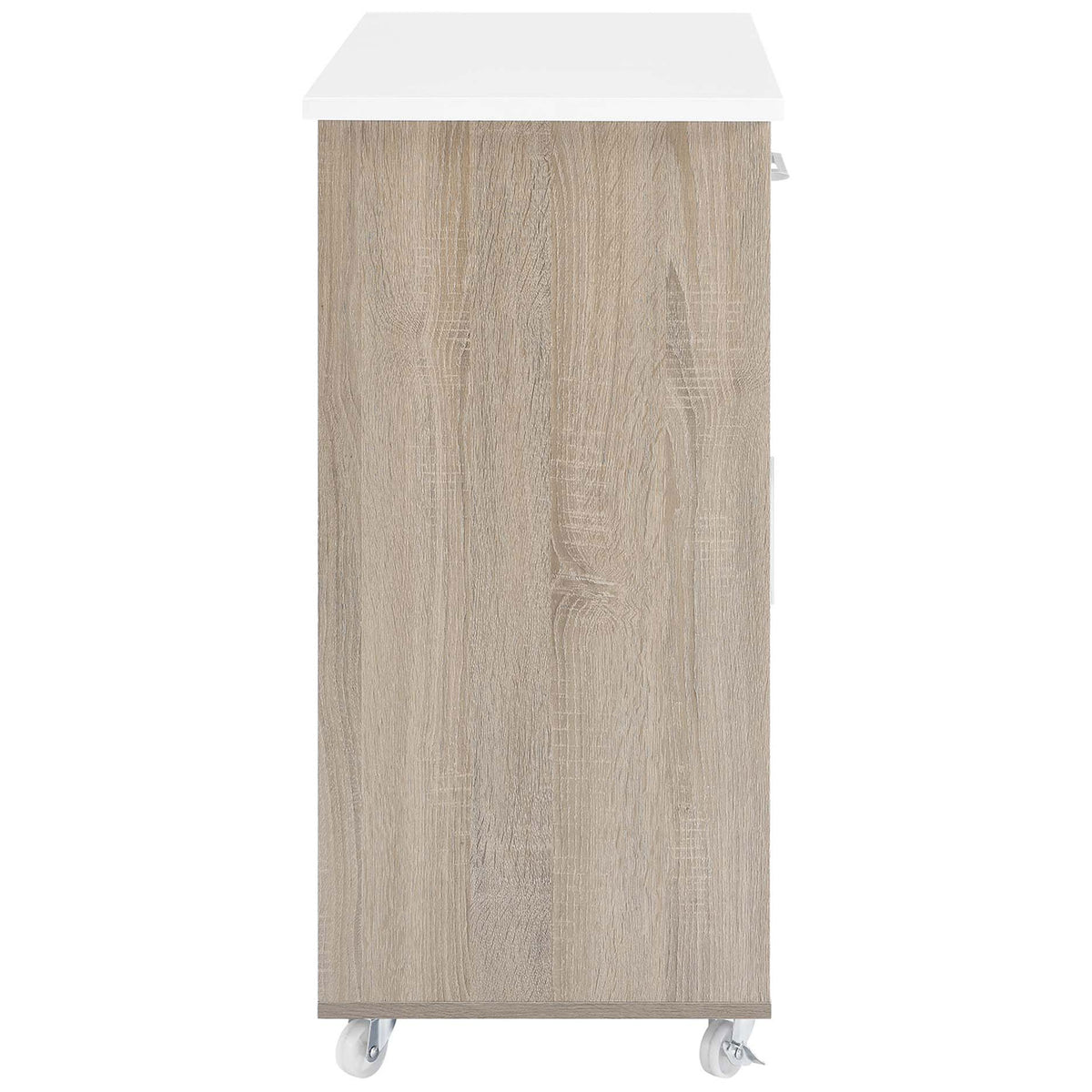 Slim profile of oak and white kitchen cart highlighting compact depth and smooth wood-grain finish || EEI-6275-OAK-WHI || side_studio