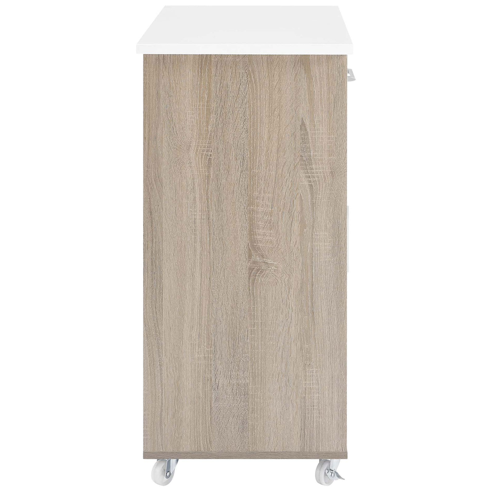 Slim profile of oak and white kitchen cart highlighting compact depth and smooth wood-grain finish || EEI-6275-OAK-WHI || side_studio