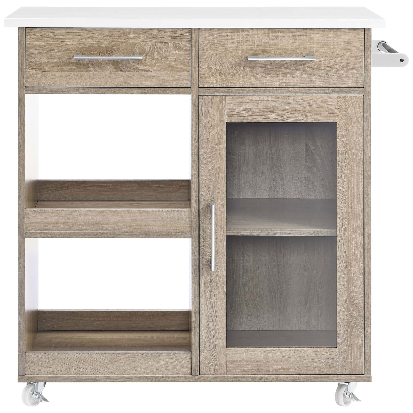 Modern oak and white kitchen cart with twin drawers, open storage shelves, and glass-door cabinet on wheels || EEI-6275-OAK-WHI || front_studio
