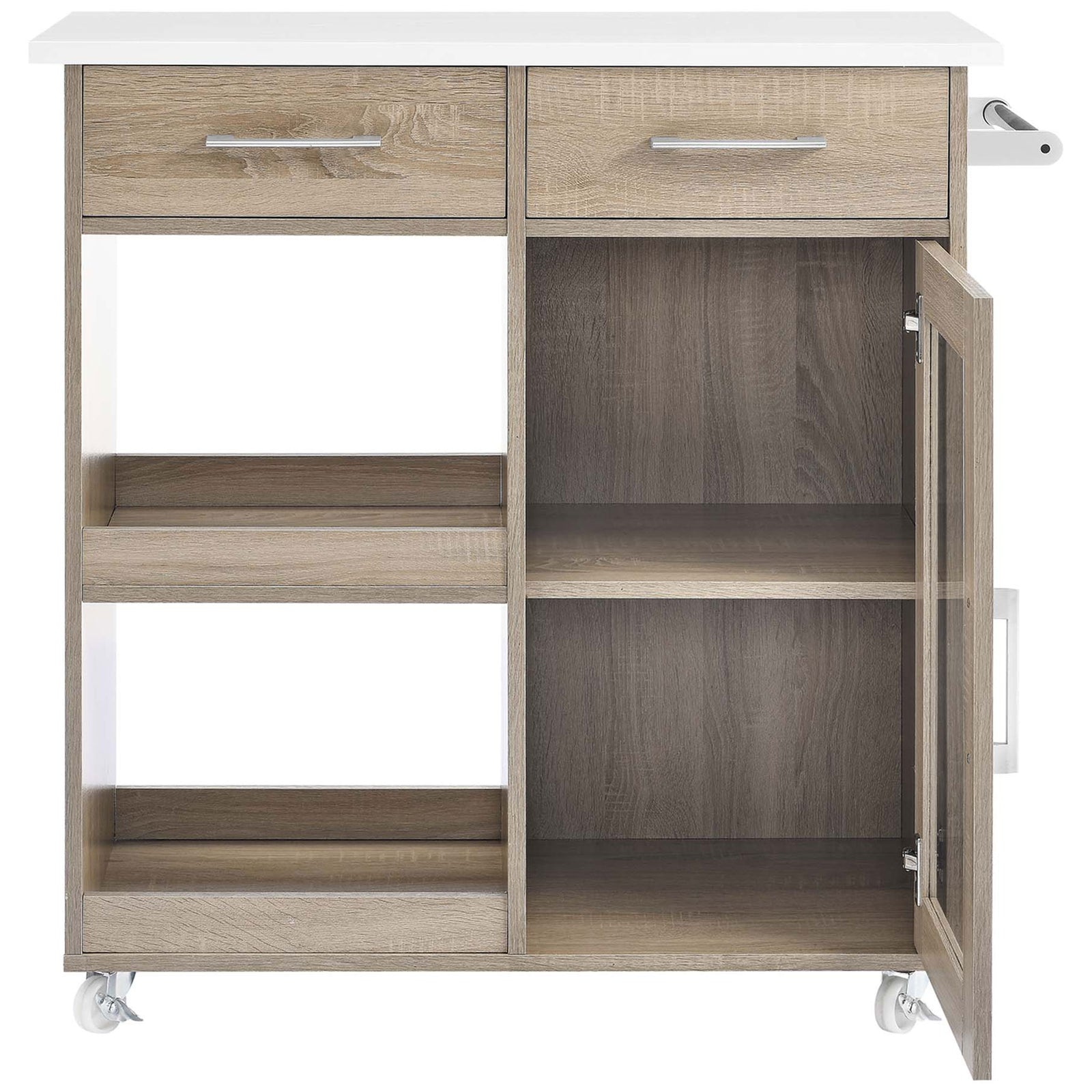 Kitchen cart with door open revealing two interior shelves beside open cubbies and smooth-glide drawers || EEI-6275-OAK-WHI || front_open_studio