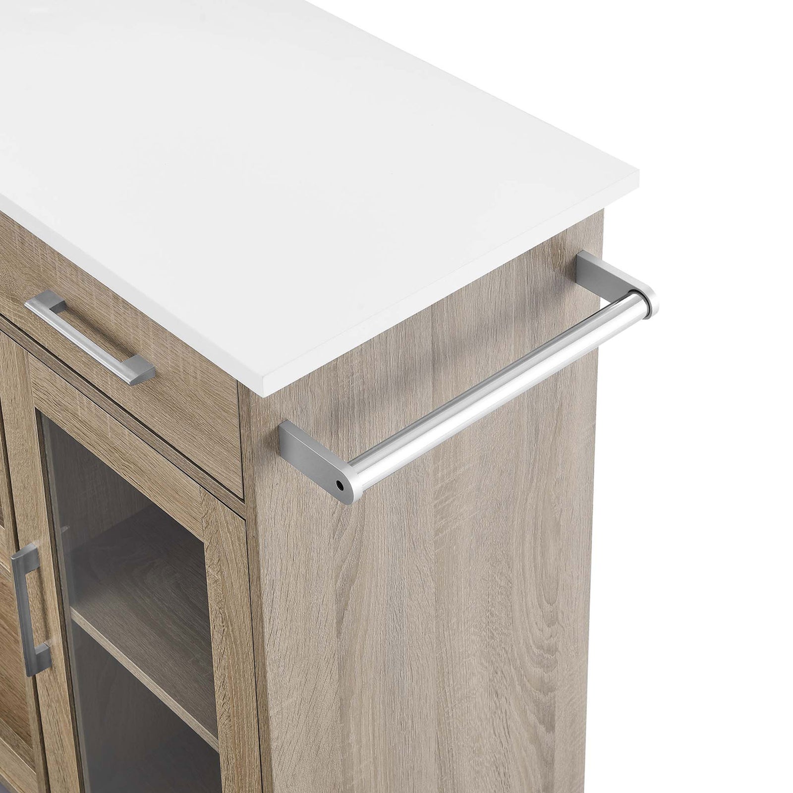 Integrated metal towel bar at the end of the white countertop adds convenient kitchen prep storage || EEI-6275-OAK-WHI || detail_studio