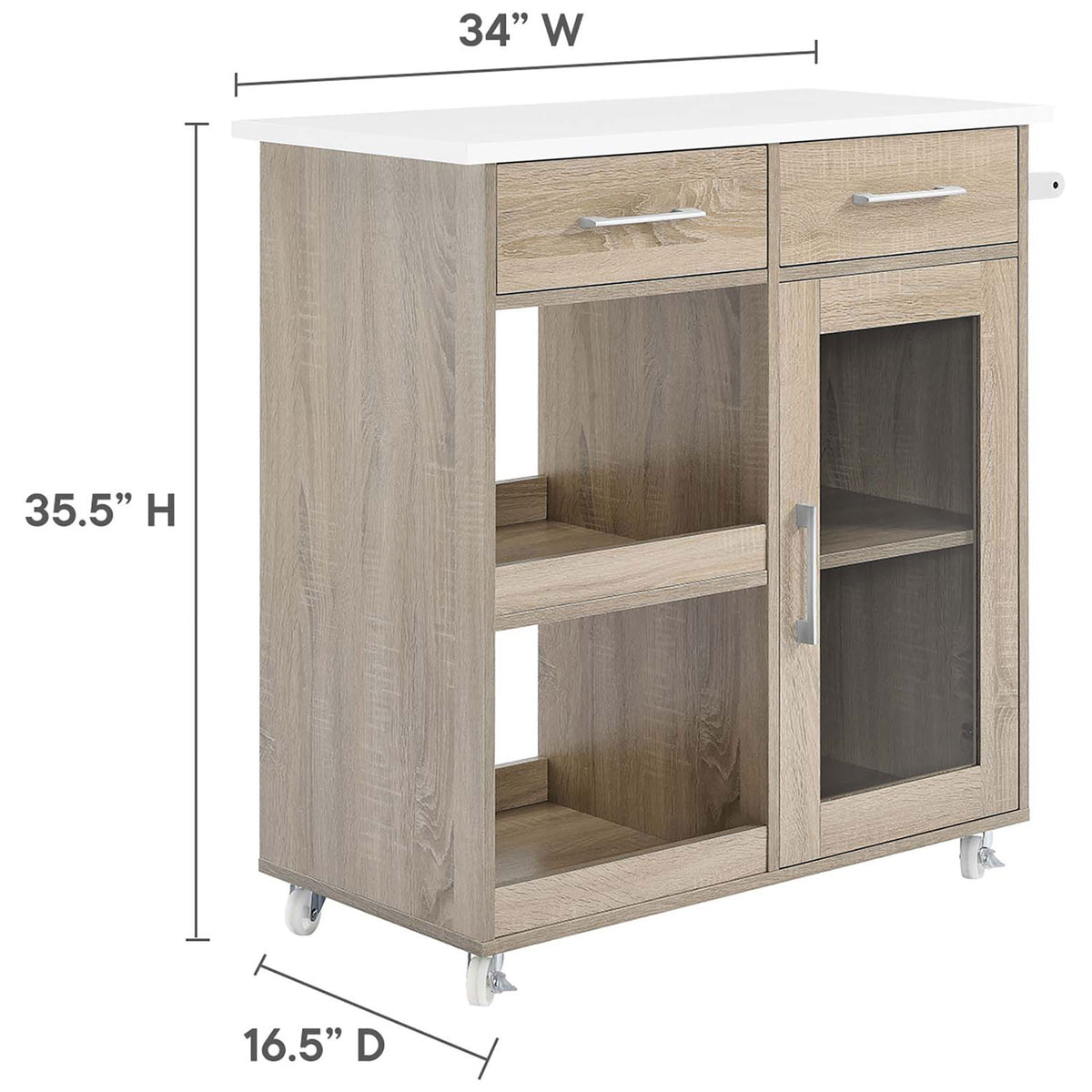 Kitchen cart with dimension callouts showing 34 inch width, 16.5 inch depth, and 35.5 inch height for compact storage || EEI-6275-OAK-WHI || dimension_studio