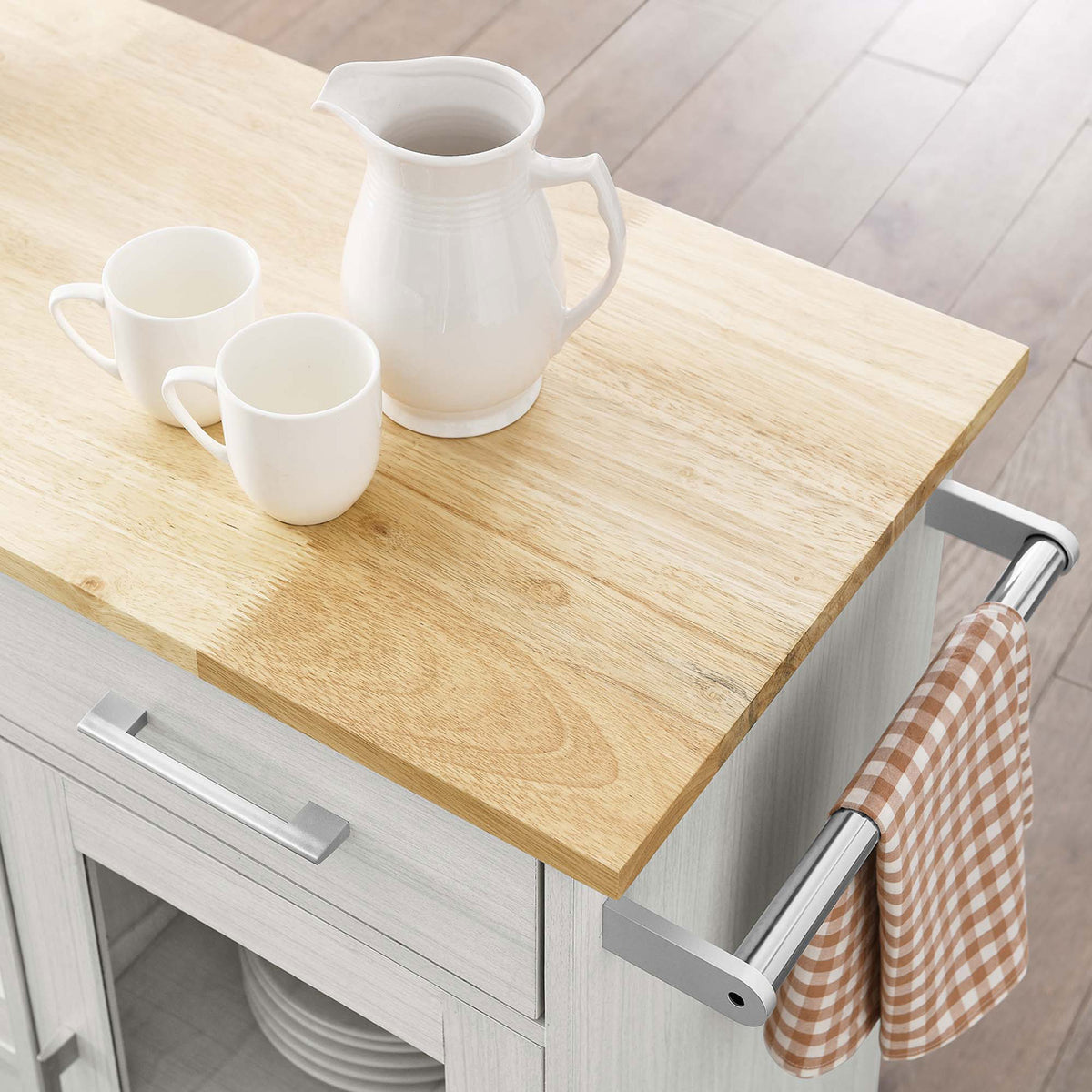 Kitchen cart top styled as a coffee station with natural wood surface, mugs, pitcher, and checked towel || EEI-6275-WHI-NAT || detail_room