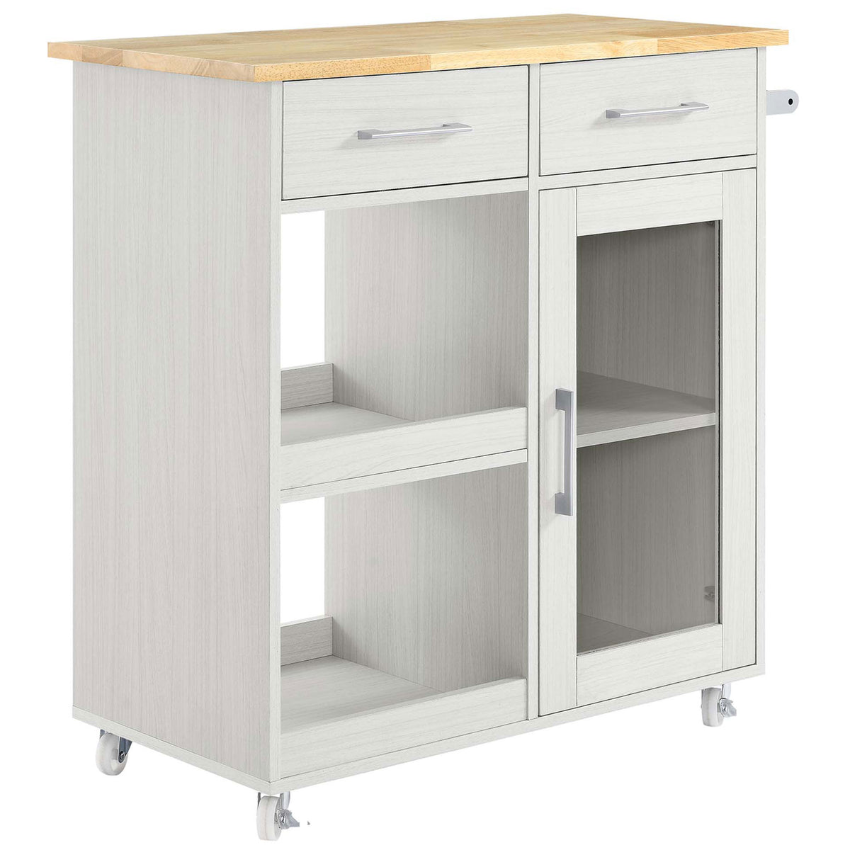 Sleek white kitchen island cart with natural wood top, towel bar, drawers, glass door, and side shelving || EEI-6275-WHI-NAT || front_angle_studio