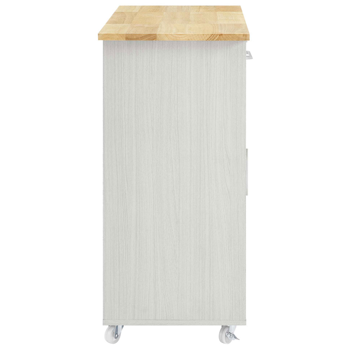 White kitchen cart highlighting natural wood top, smooth panel side, and compact footprint on casters || EEI-6275-WHI-NAT || side_studio