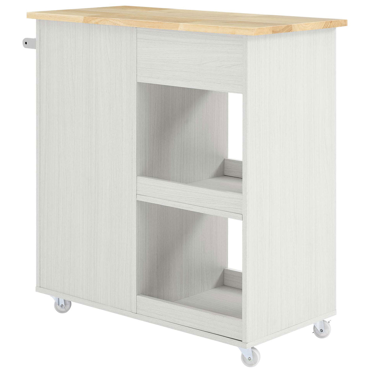 White kitchen cart featuring open double shelves, natural wood top, and smooth back panel on casters || EEI-6275-WHI-NAT || back_angle_studio