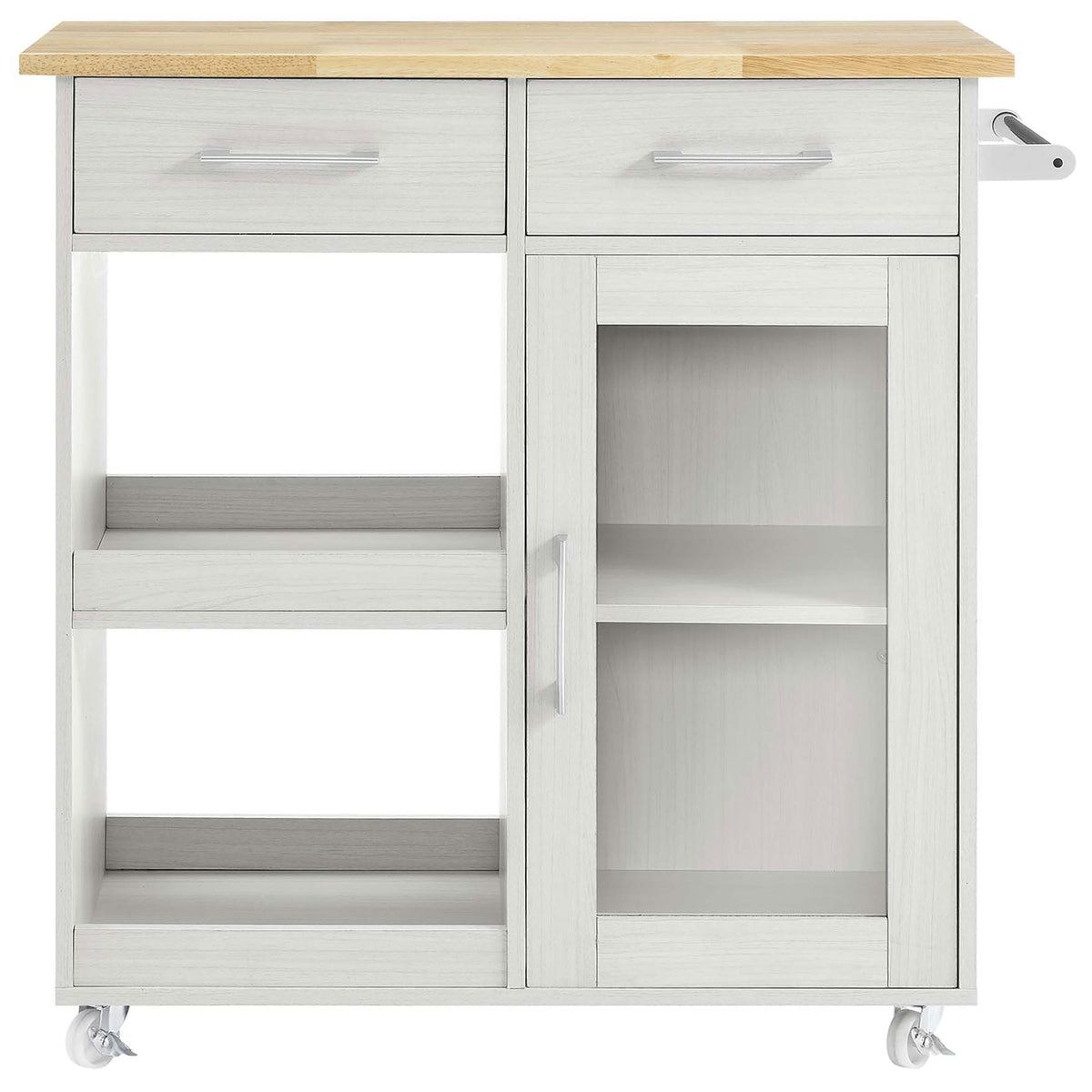 White kitchen cart with natural wood top, twin drawers, glass cabinet, and open shelves on casters || EEI-6275-WHI-NAT || front_studio