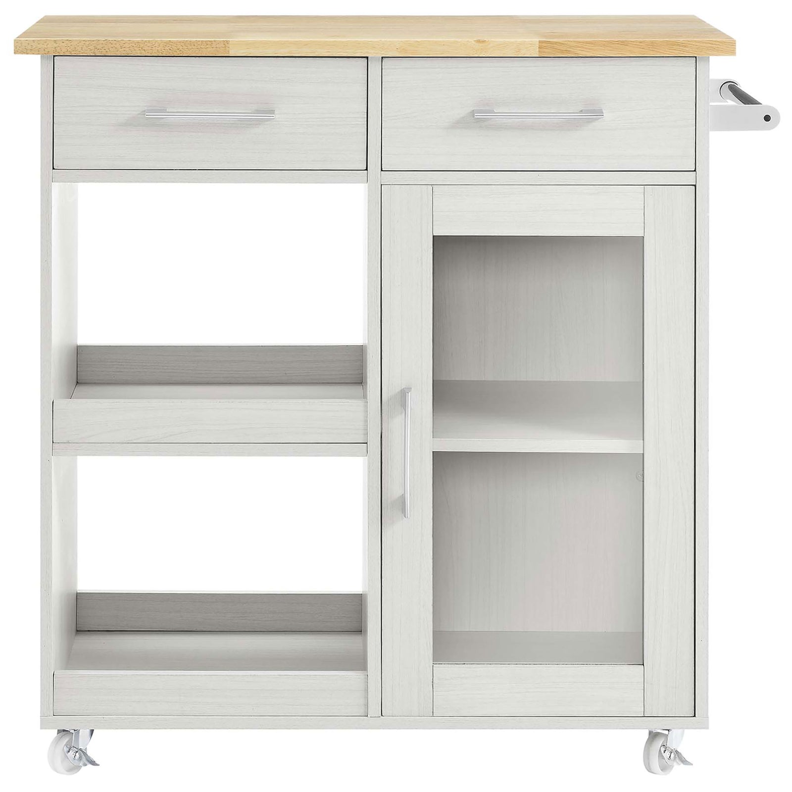 White kitchen cart with natural wood top, twin drawers, glass cabinet, and open shelves on casters || EEI-6275-WHI-NAT || front_studio