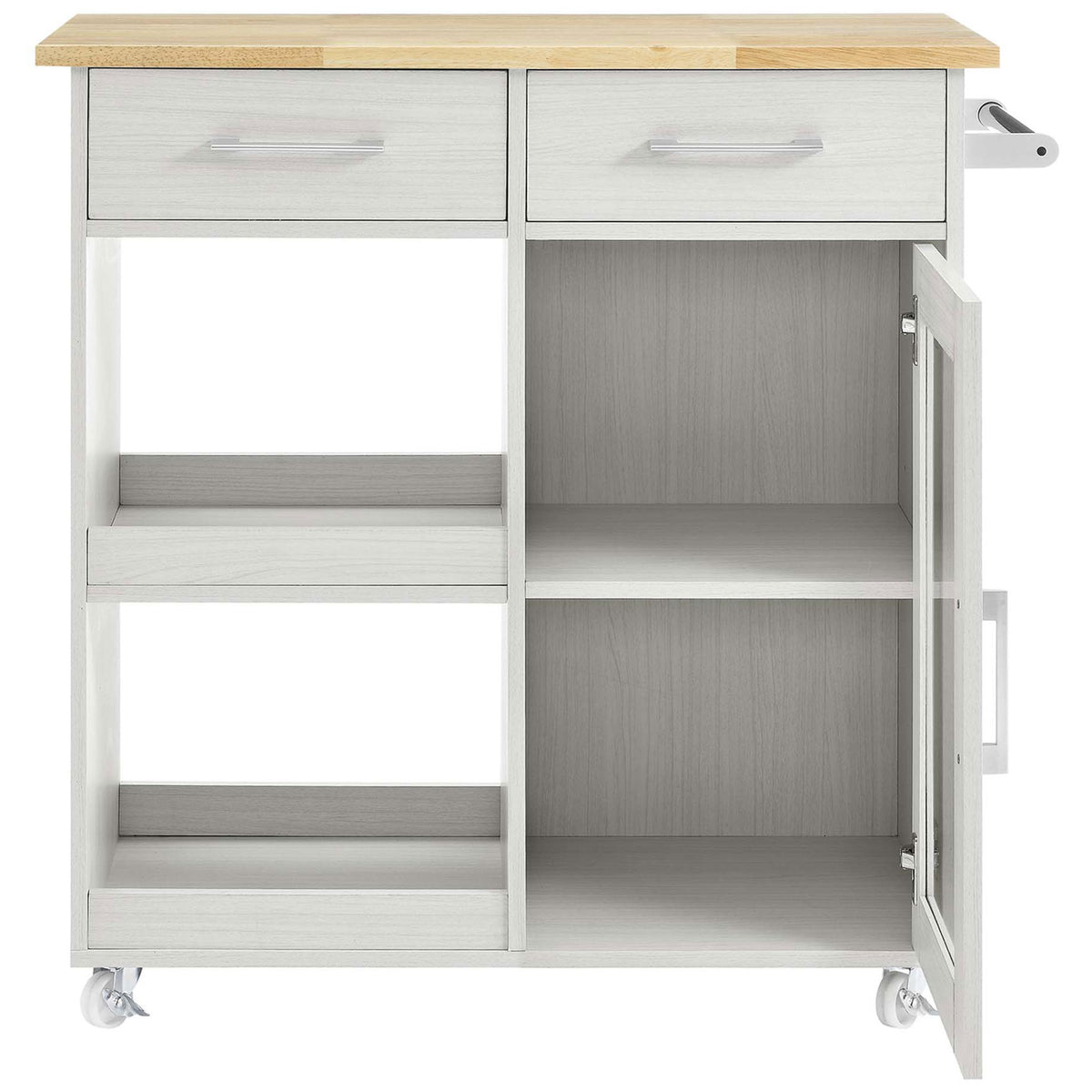 White kitchen cart with glass door open to reveal interior shelves and generous cabinet storage space || EEI-6275-WHI-NAT || front_open_studio