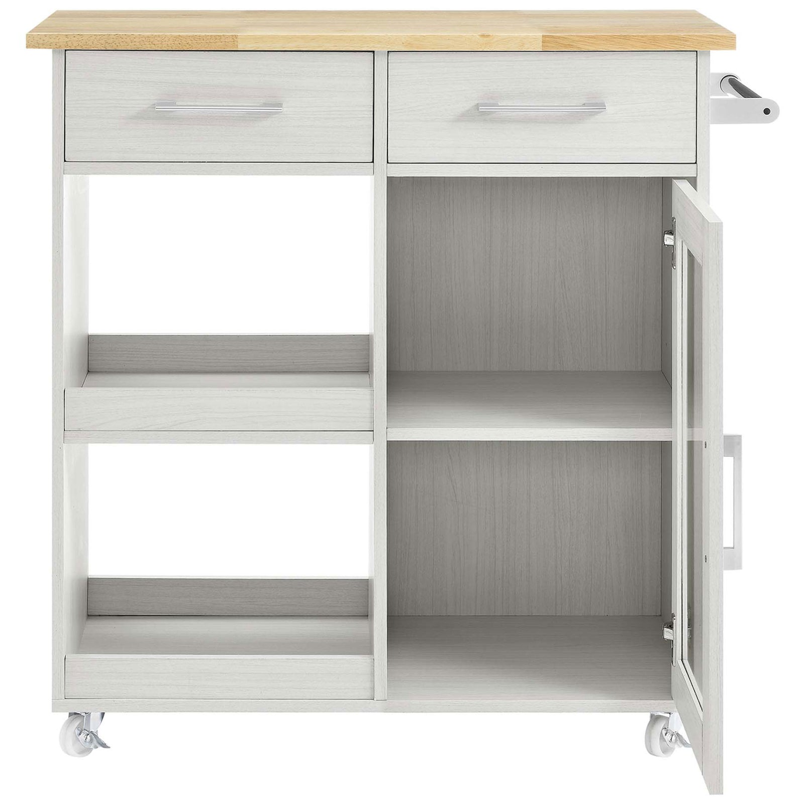 White kitchen cart with glass door open to reveal interior shelves and generous cabinet storage space || EEI-6275-WHI-NAT || front_open_studio